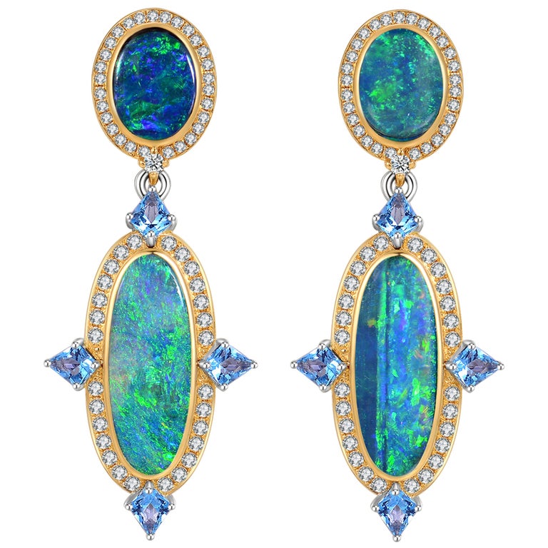 Fei Liu Opal Diamond Blue Topaz 18 Carat Yellow Gold Drop Earrings at ...