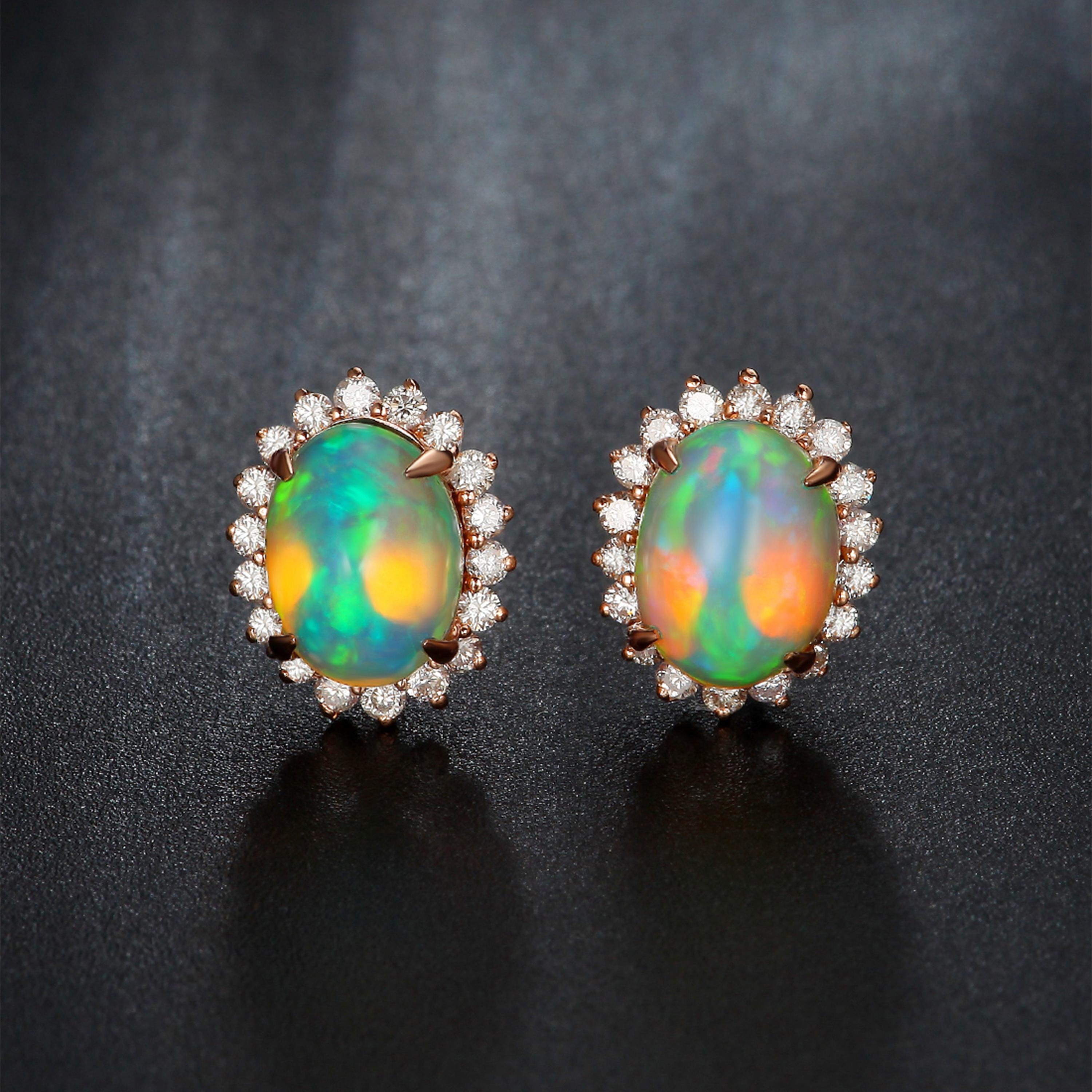 Chromatic stud earrings with a classic touch. Yet, an energy of colour to keep you glowing throughout the day and through the night. 

1.98ct opals bordered with shimmering 0.424ct diamonds, set in 18ct rose gold.

Specification:
Size (LxW): 11mm x