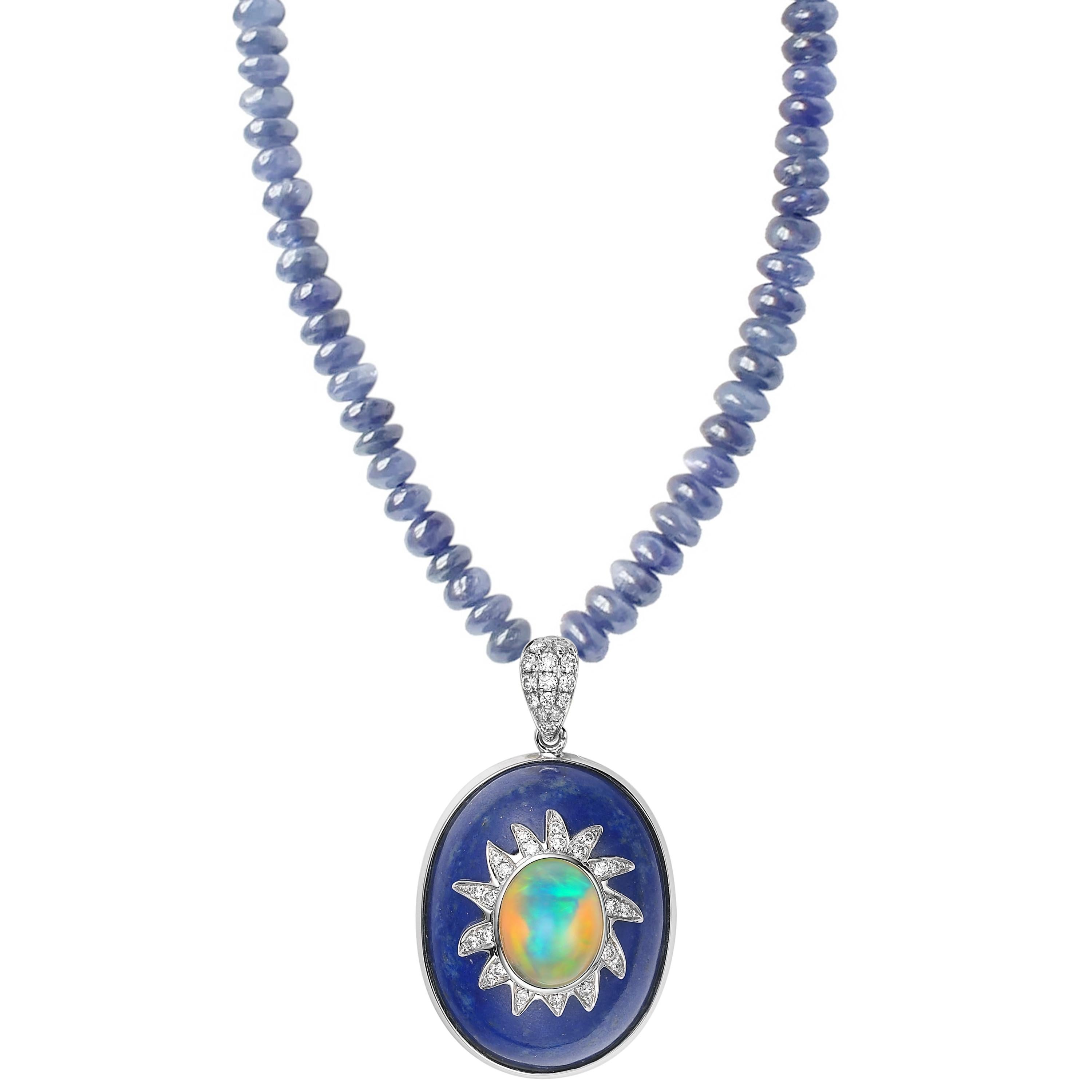 Fei Liu one-off beaded necklace with a strand of 5mm sapphire beads, 15.8ct oval lapis lazuli, 0.65ct oval opal and 0.17ct diamonds. Set in 18ct white gold. Sapphire beaded necklace is approx. 18 inches in length.