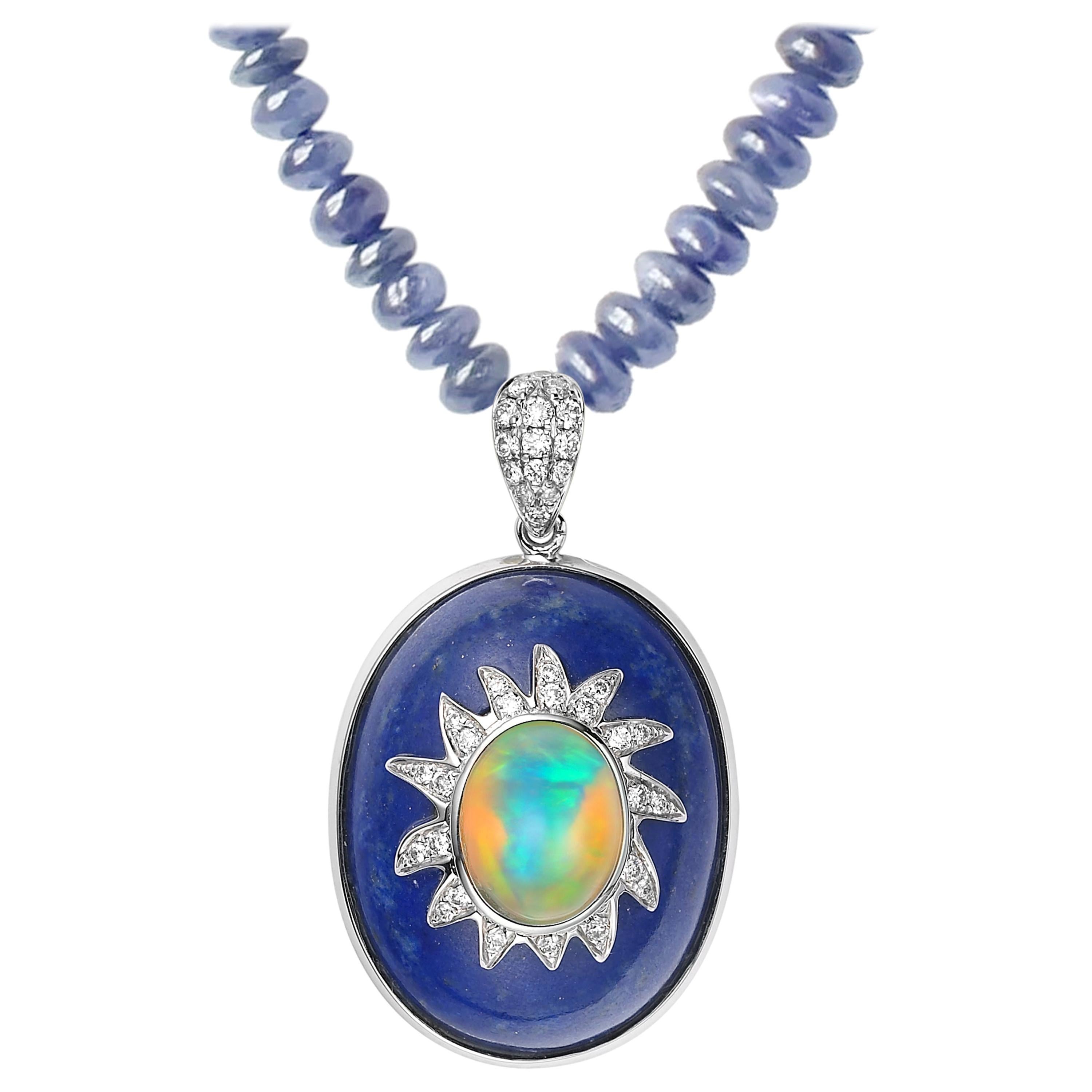 Fei Liu Opal Lapis Lazuli Diamond Sapphire White Gold Beaded Necklace