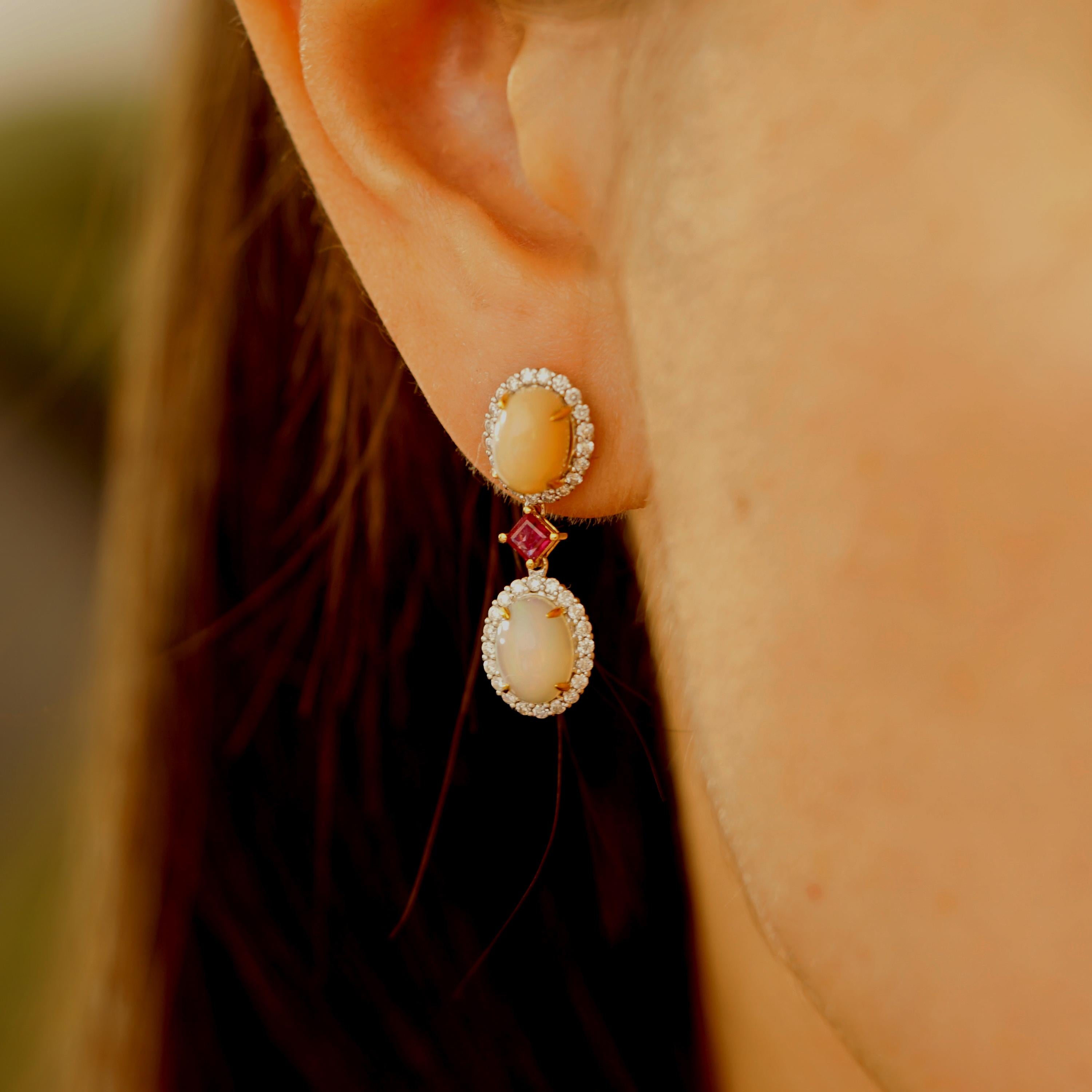 Contemporary Fei Liu Opal Ruby Diamond 18 Karat White Gold Drop Earrings For Sale