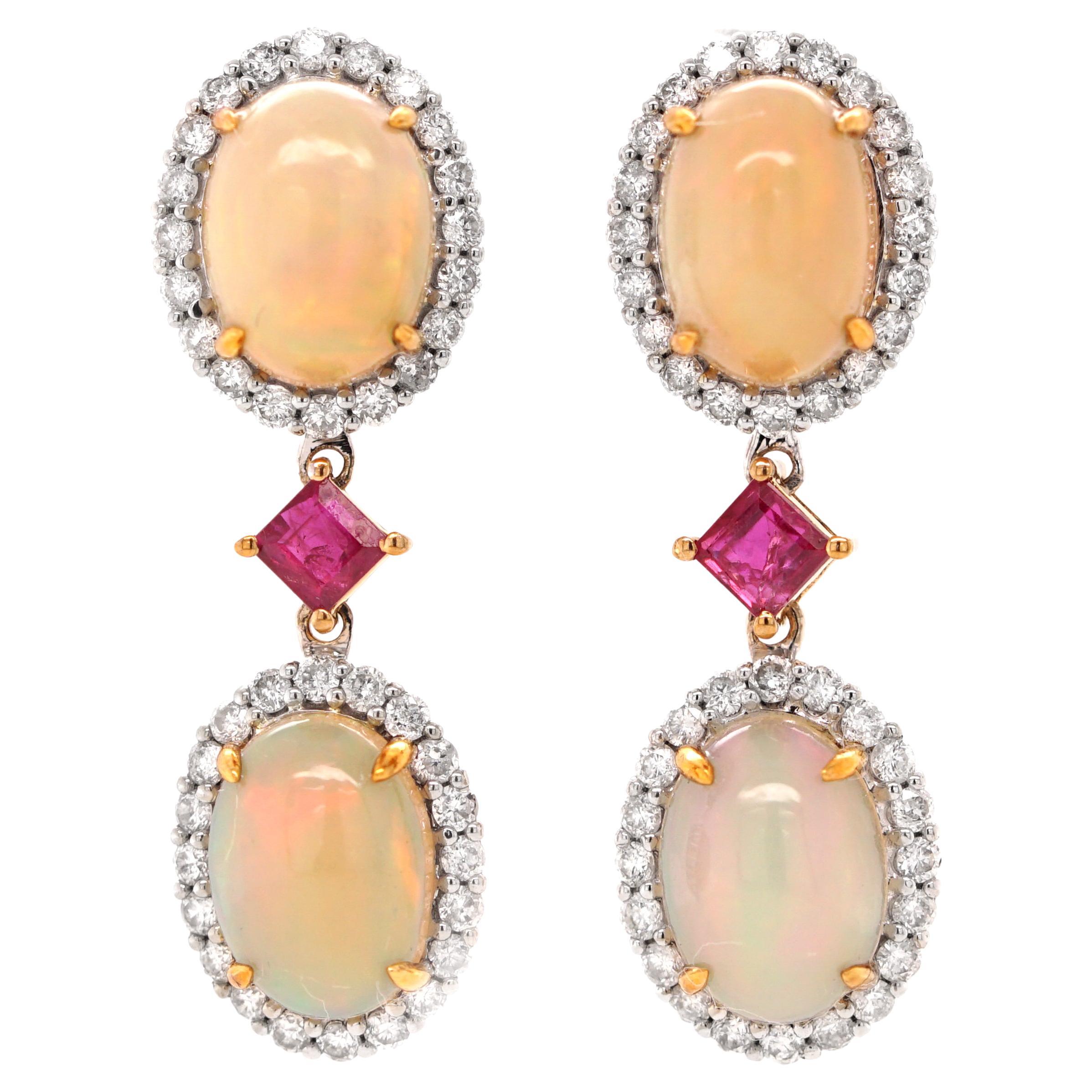 Fei Liu Opal Ruby Diamond 18 Karat White Gold Drop Earrings For Sale