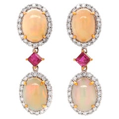 Fei Liu Opal Ruby Diamond 18 Karat White Gold Drop Earrings