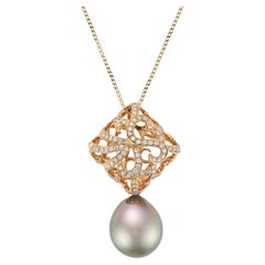 Fei Liu Openwork Filigree Diamond and Peacock Green Pearl Drop 18ct Gold Pendant