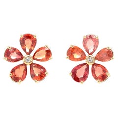 Fei Liu Orange Sapphire and Diamond 18 Karat Yellow Gold Flower Stud Earrings