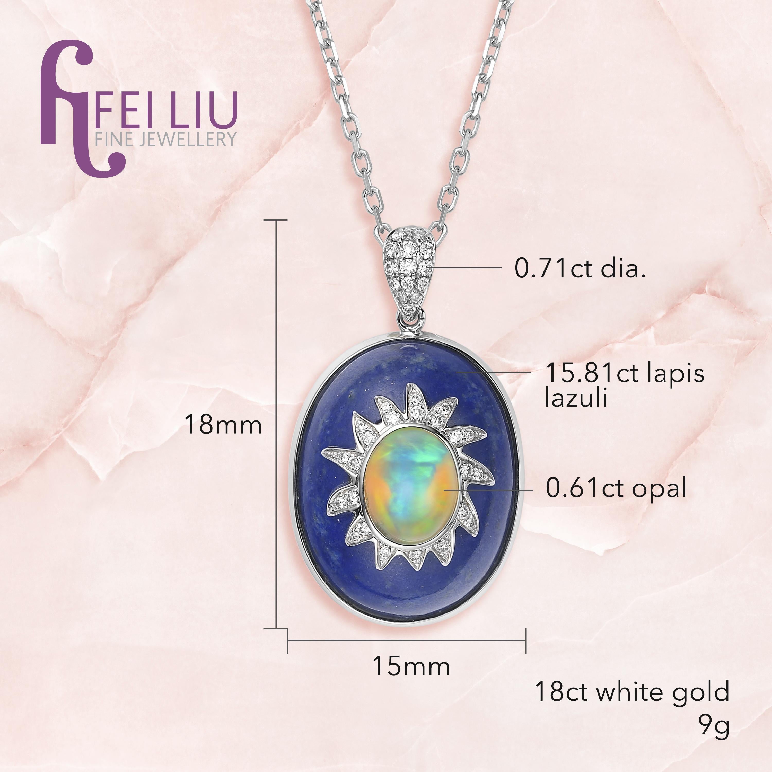 Description:
One-off pendant with 0.61ct oval opal, 0.71ct white diamonds and 15.81ct lapis lazuli, set in 18ct white gold.

Inspiration:
A complementary contrast of colours,  with each stone depicting the beauty of the horizon. From the sun-kissed