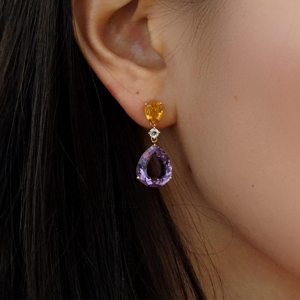 Fei Liu Pear-Cut Citrine, Sapphire and Amethyst 18K Yellow Gold Drop Earrings In New Condition For Sale In Birmingham, GB