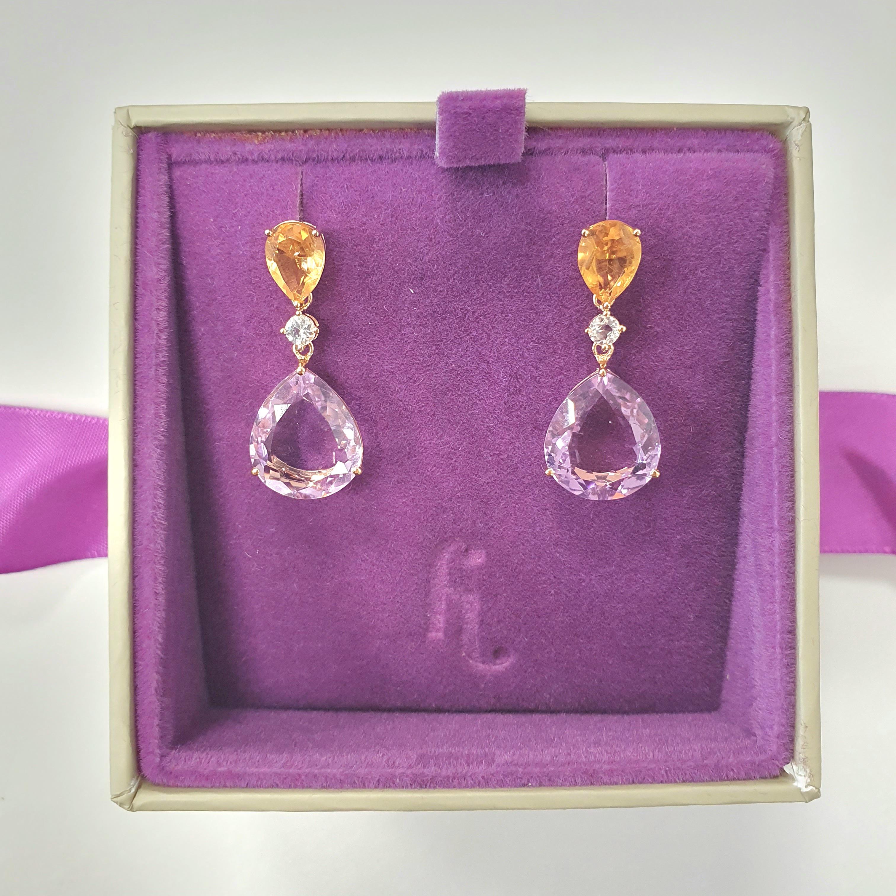 Contemporary Fei Liu Pear-Cut Citrine, Sapphire and Amethyst 18K Yellow Gold Drop Earrings For Sale