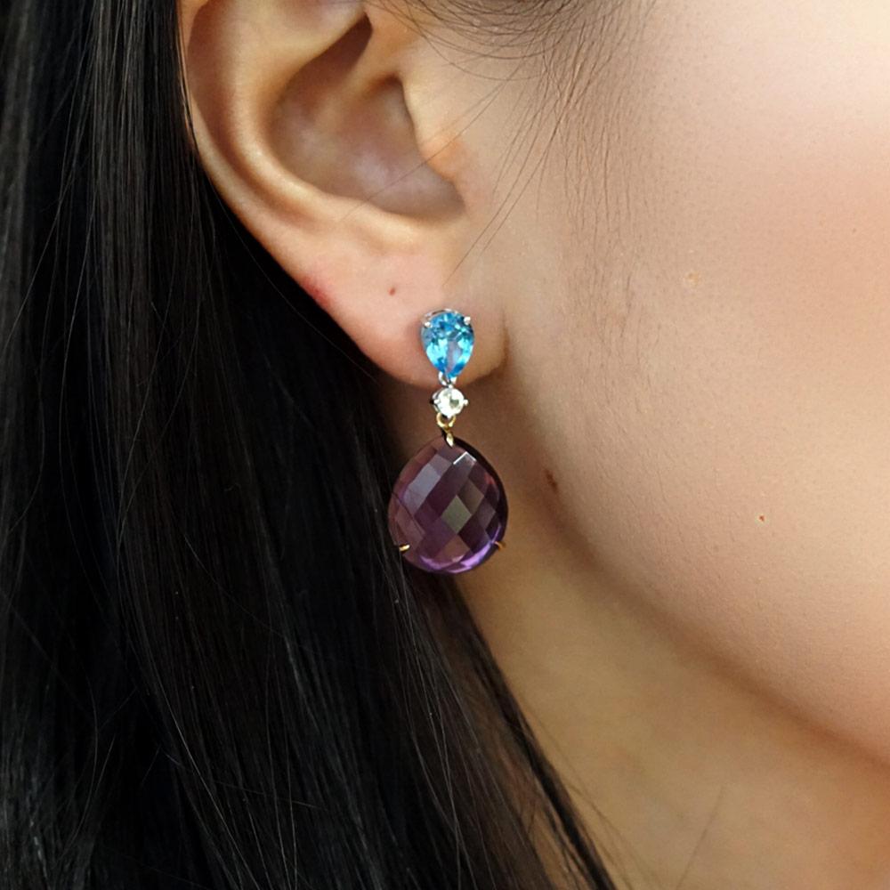 Briolette Cut Fei Liu Pear-Cut Topaz, Sapphire and Briolette Amethyst 18K Gold Drop Earrings