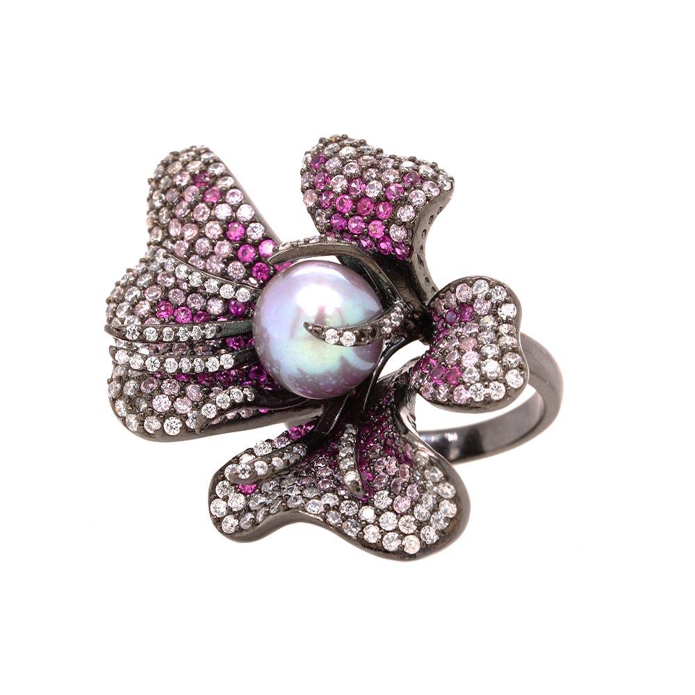Contemporary Fei Liu Pearl and Cubic Zirconia Black Rhodium Sterling Silver Flower Ring