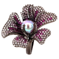 Fei Liu Pearl and Cubic Zirconia Black Rhodium Sterling Silver Flower Ring