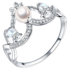 Fei Liu Pearl and Diamond 9 Karat White Gold Dress Ring - Size M (6.5)