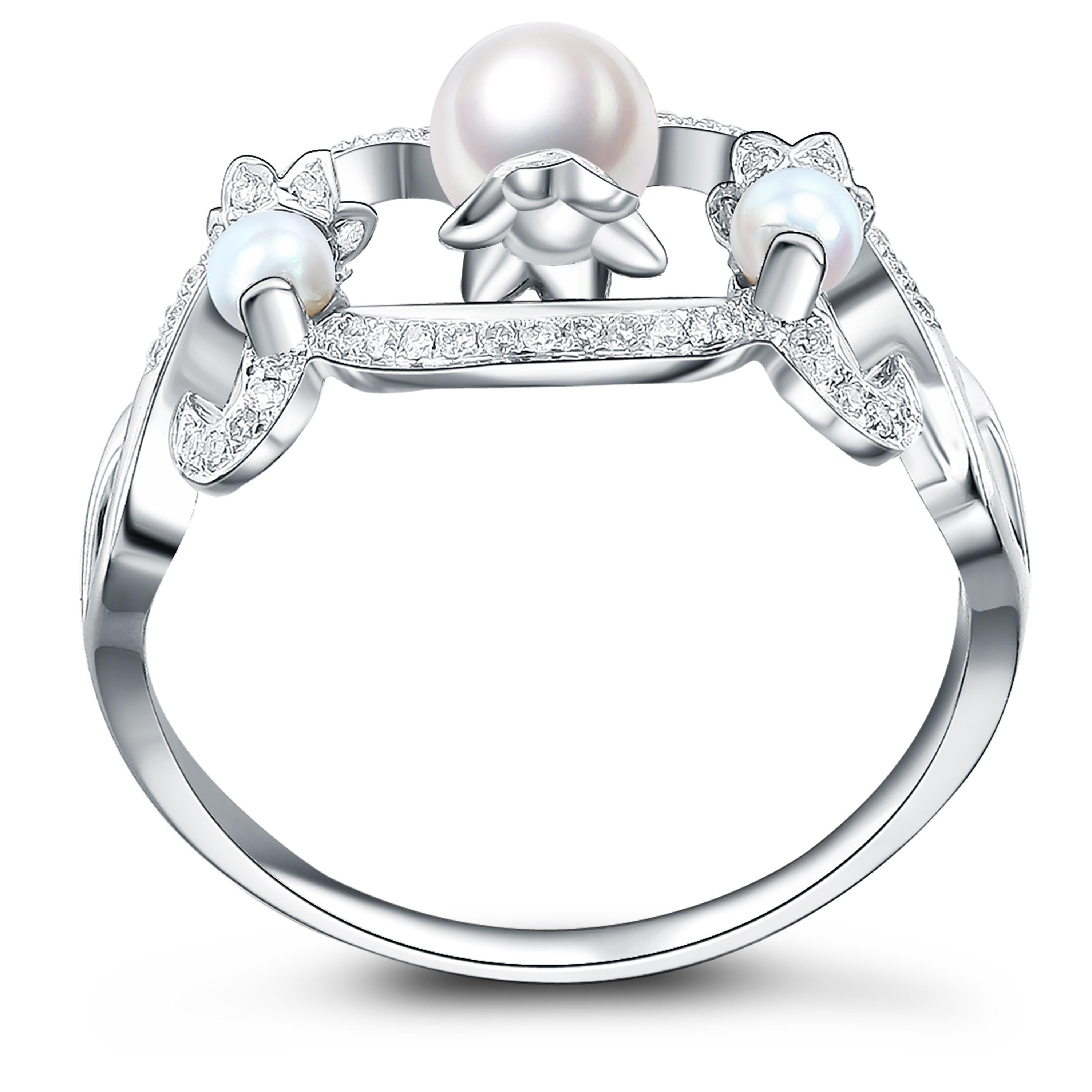Contemporary Fei Liu Pearl and Diamond 9 Karat White Gold Fashion Ring - Size 6.5 (~M1/2) For Sale