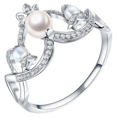 Fei Liu Pearl and Diamond 9 Karat White Gold Fashion Ring - Size 6.5 (~M1/2)