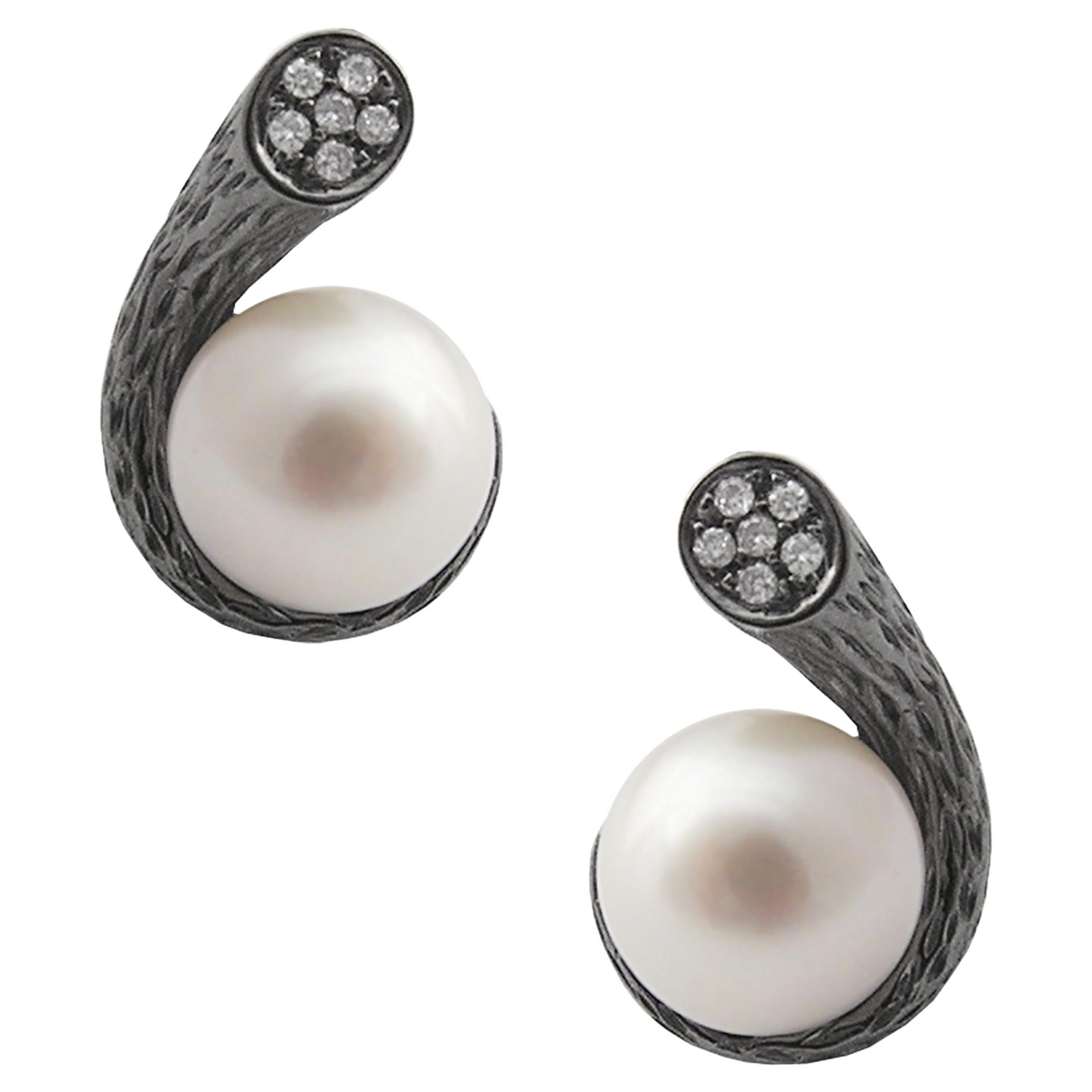 Fei Liu Pearl Diamond Black Rhodium Plated White Gold Textured Stud Earrings