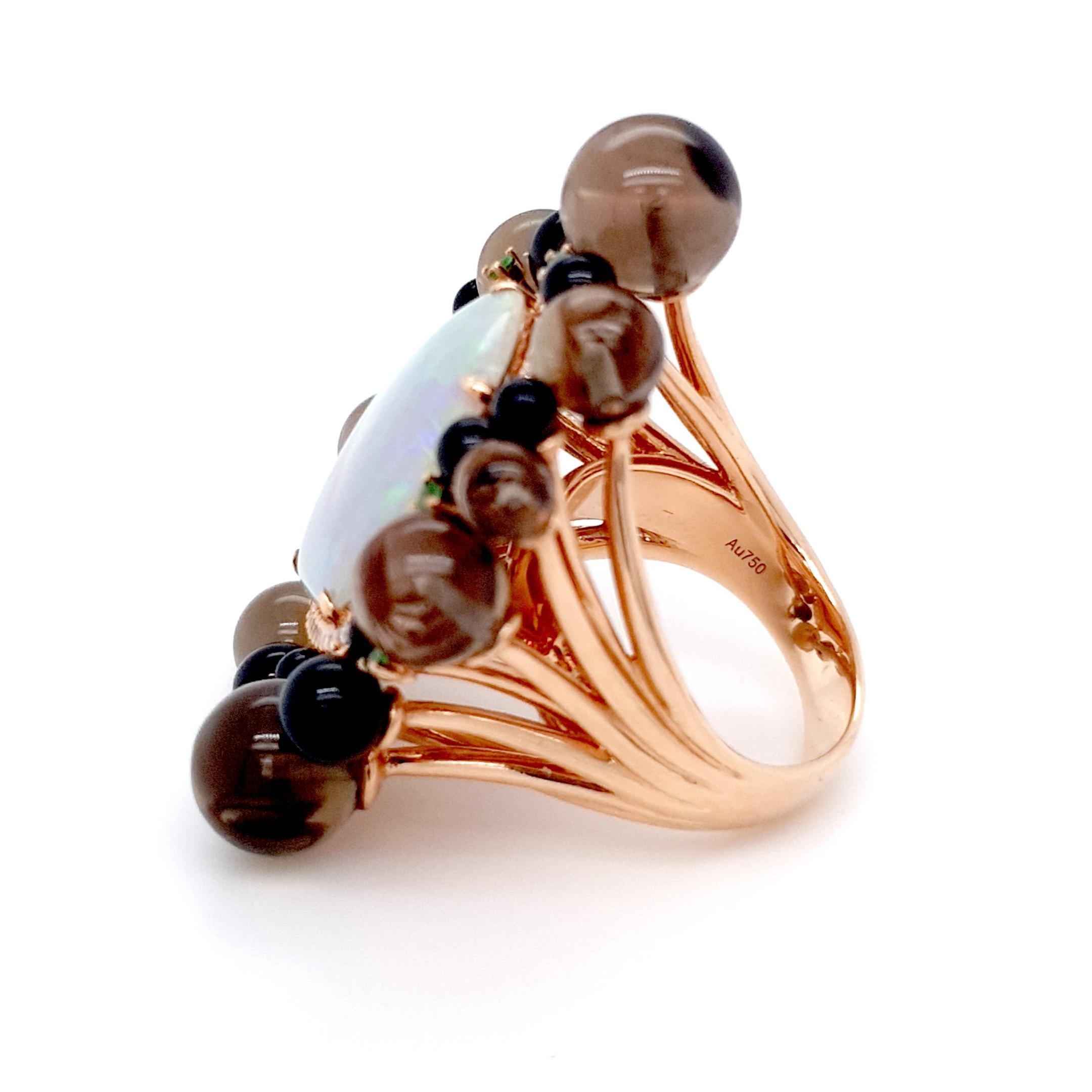 Shield Cut Fei Liu Pentagon-Cut Queensland Opal, Dia, Smoky Quartz and Tsavorite 18K Ring For Sale
