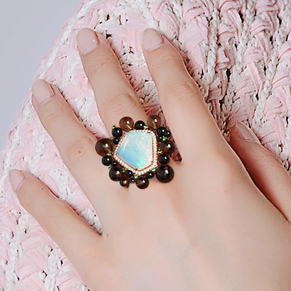 Fei Liu Pentagon-Cut Queensland Opal, Dia, Smoky Quartz and Tsavorite 18K Ring In New Condition For Sale In Birmingham, GB