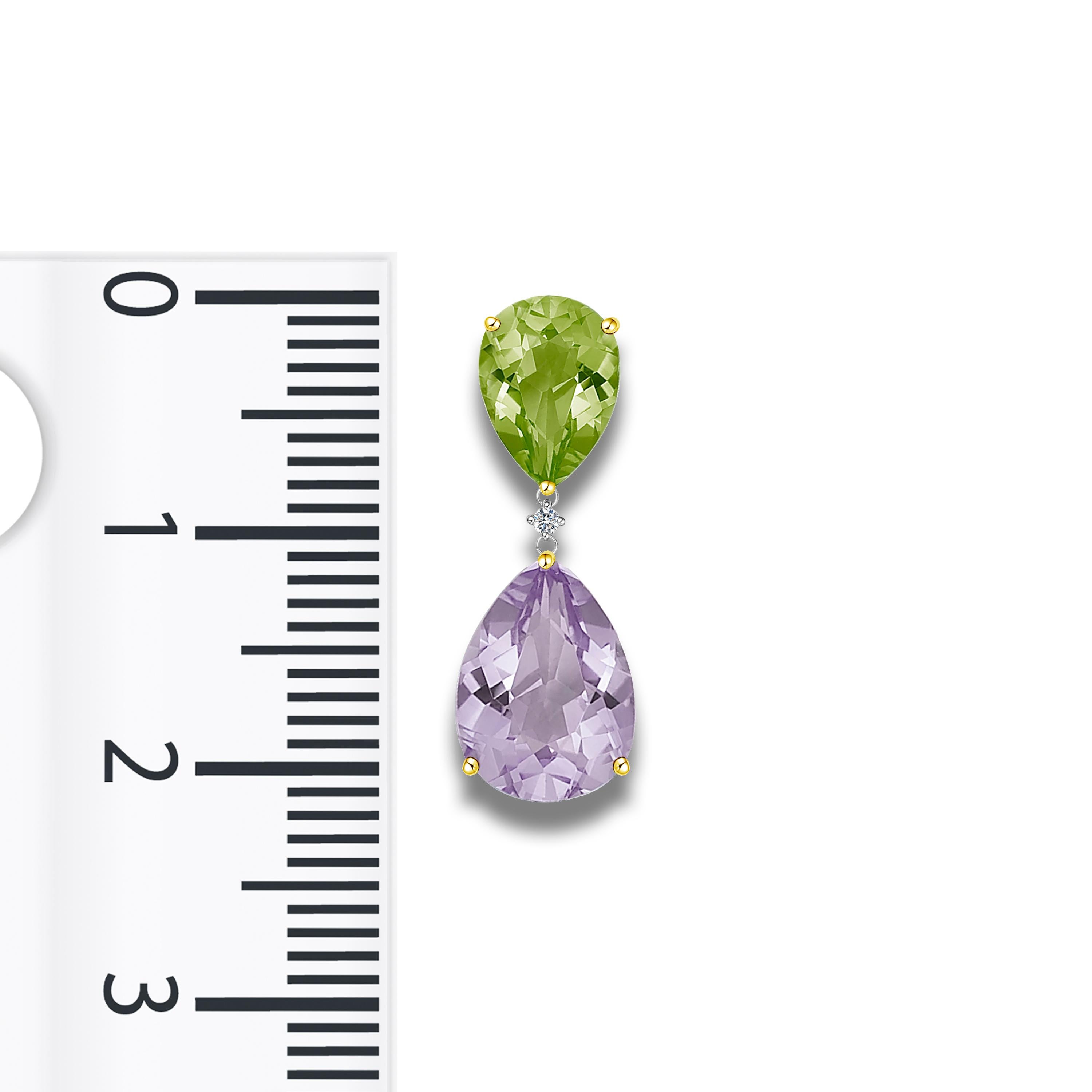 Description:
Add a touch of colour to your look with bright, breathtaking gemstones. These drop earrings feature 1.40ct peridots, 0.038ct diamonds and 4.80ct purple amethysts set in 18ct white gold with yellow gold-plated