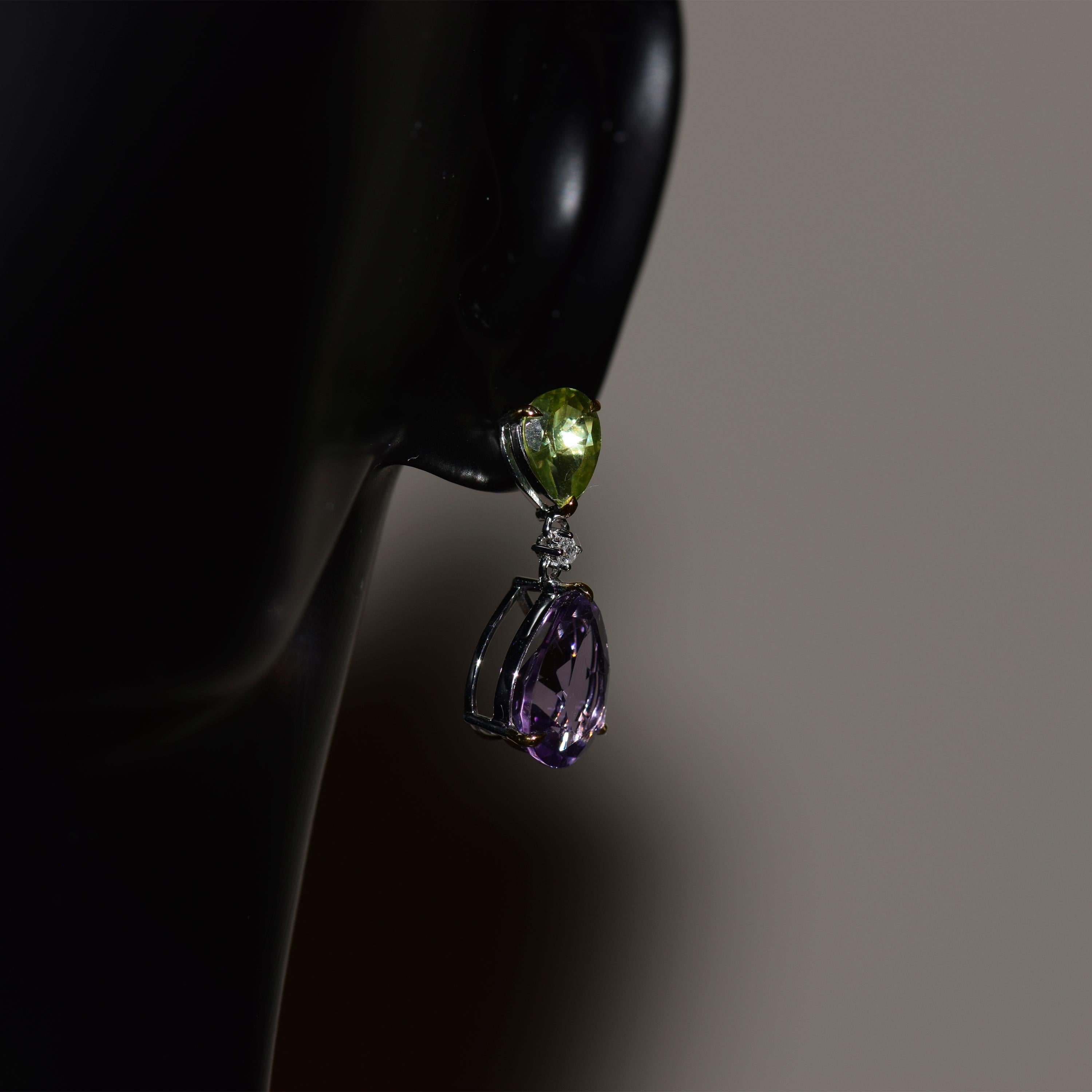 Contemporary Fei Liu Peridot and Purple Amethyst Pear Drop Earrings