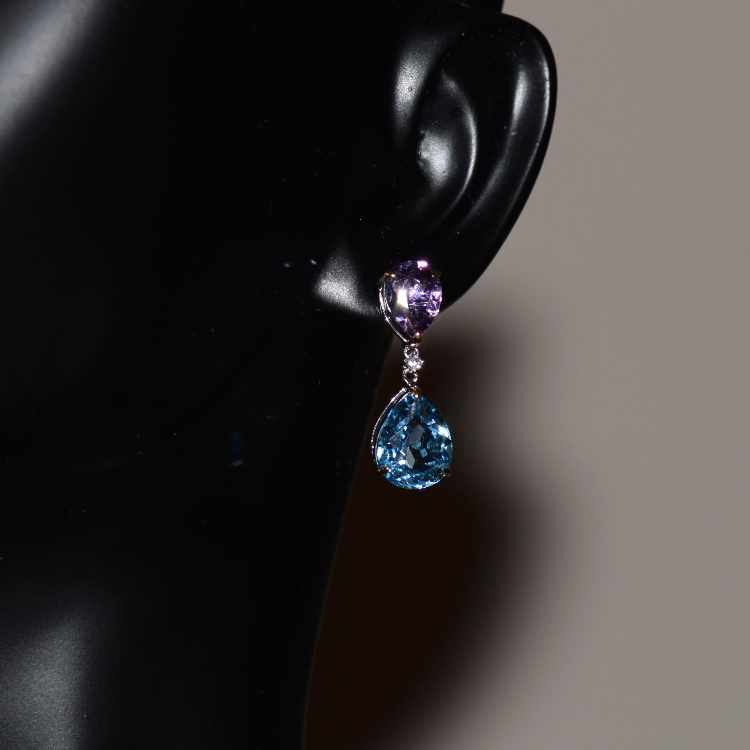 Contemporary Purple Amethyst and Blue Topaz Pear Drop Earrings