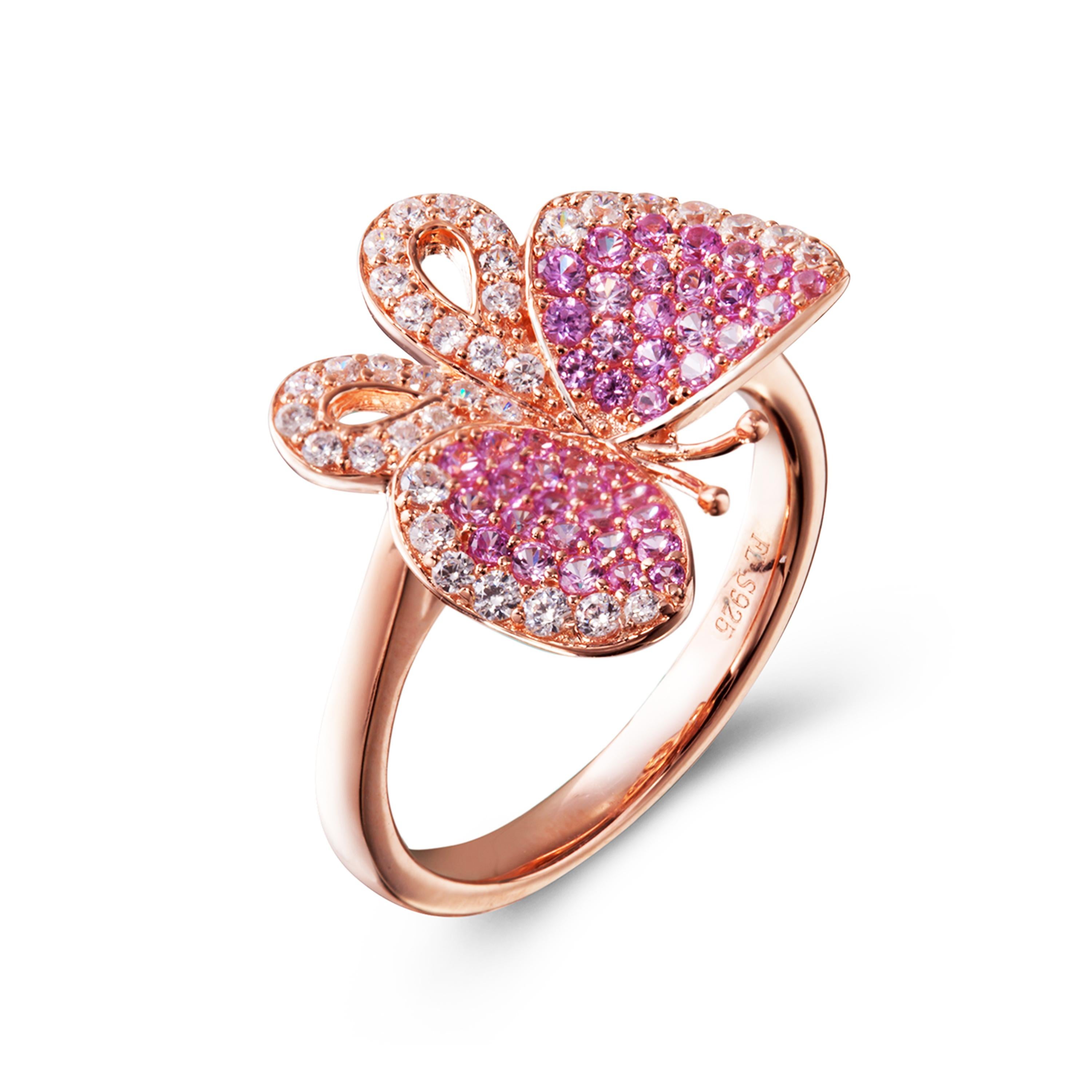 Butterfly captures the feminine essence and the carefree, joyful movement of these intricate and delicate creatures in sparkling weightless jewels. Butterfly ring with wings bejewelled in ruby pink and white cubic zirconia set in rose gold plate on