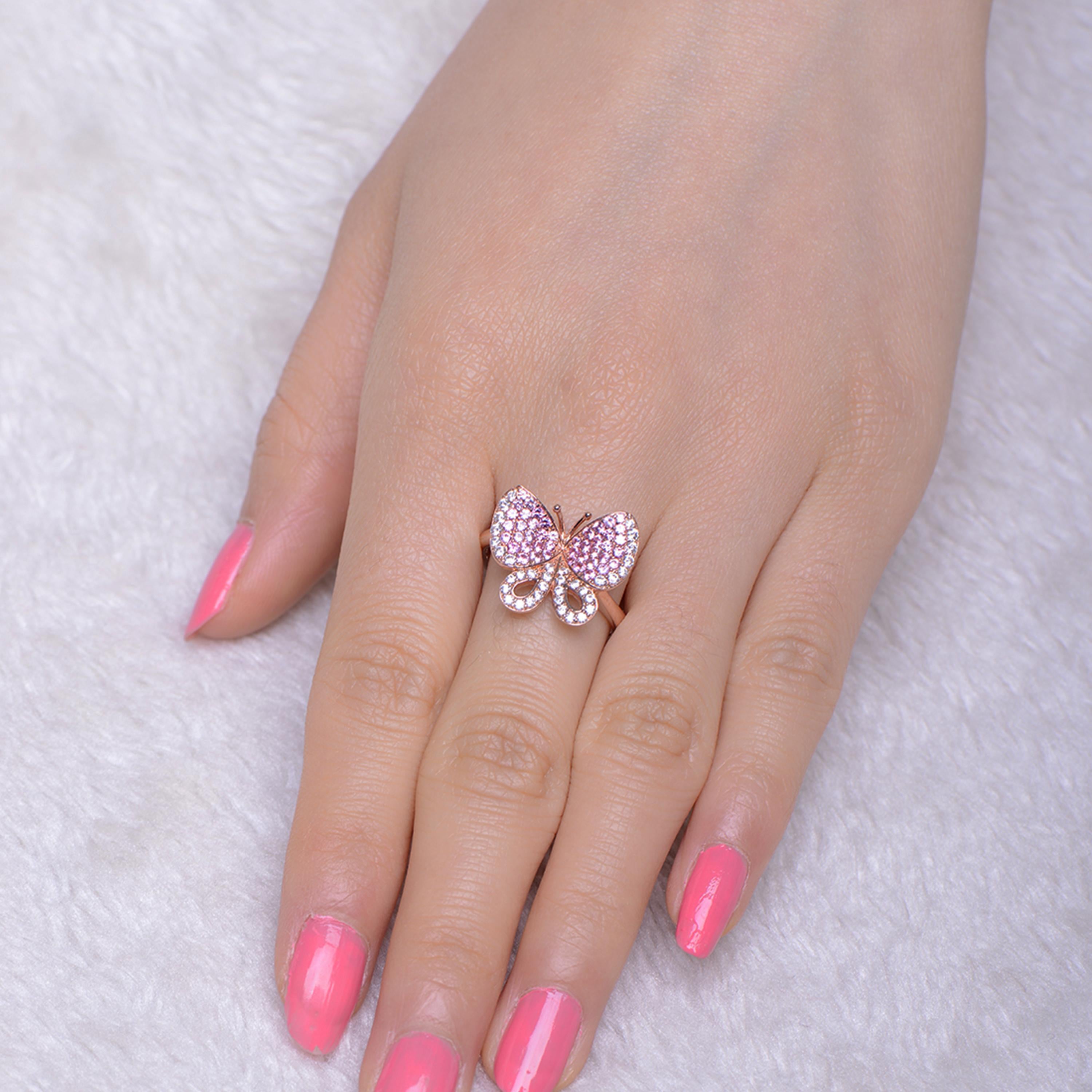 Contemporary Fei Liu Pink and White Cubic Zirconia Sterling Silver Butterfly Ring For Sale