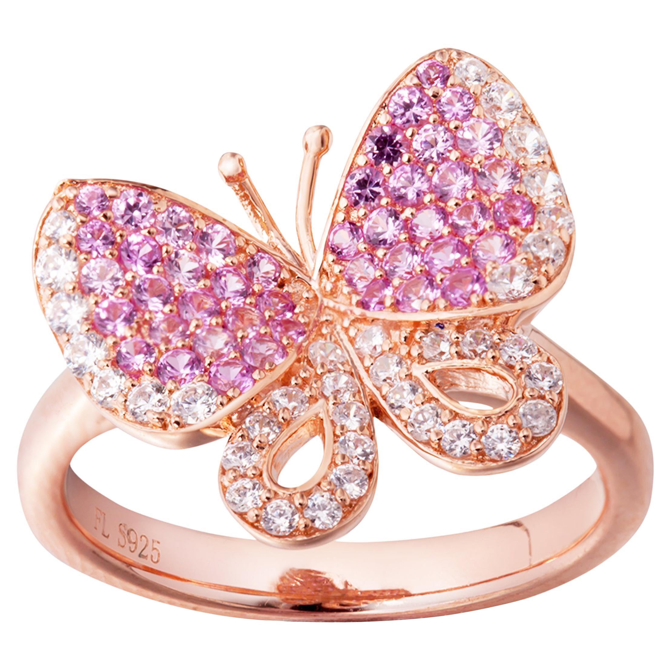 Fei Liu Anillo de mariposa de plata de ley con circonita cúbica rosa y blanca