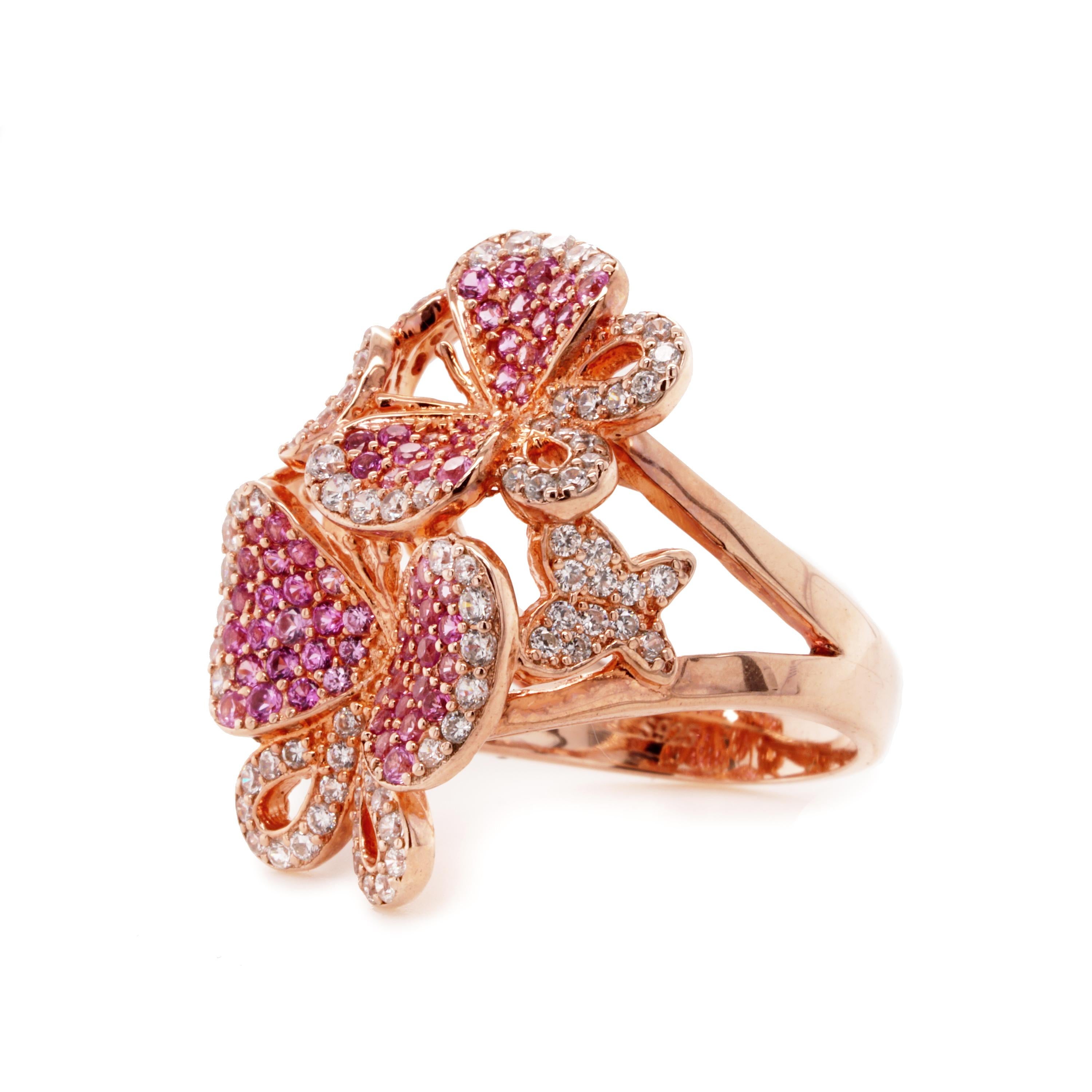 Contemporary Fei Liu Pink and White CZ Rose Gold Plated 925 Silver Butterfly Cluster Ring For Sale