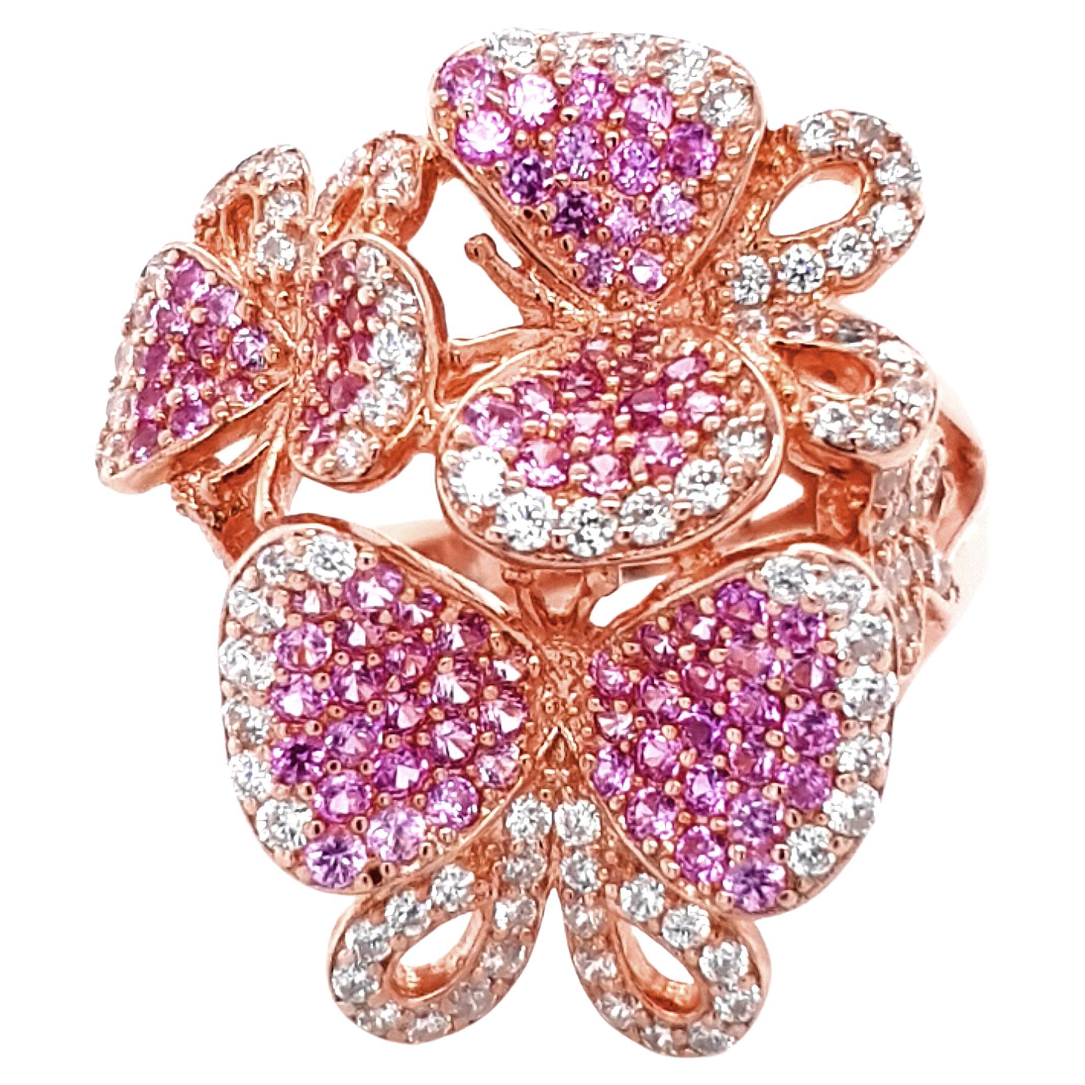 Fei Liu Pink and White CZ Rose Gold Plated 925 Silver Butterfly Cluster Ring For Sale