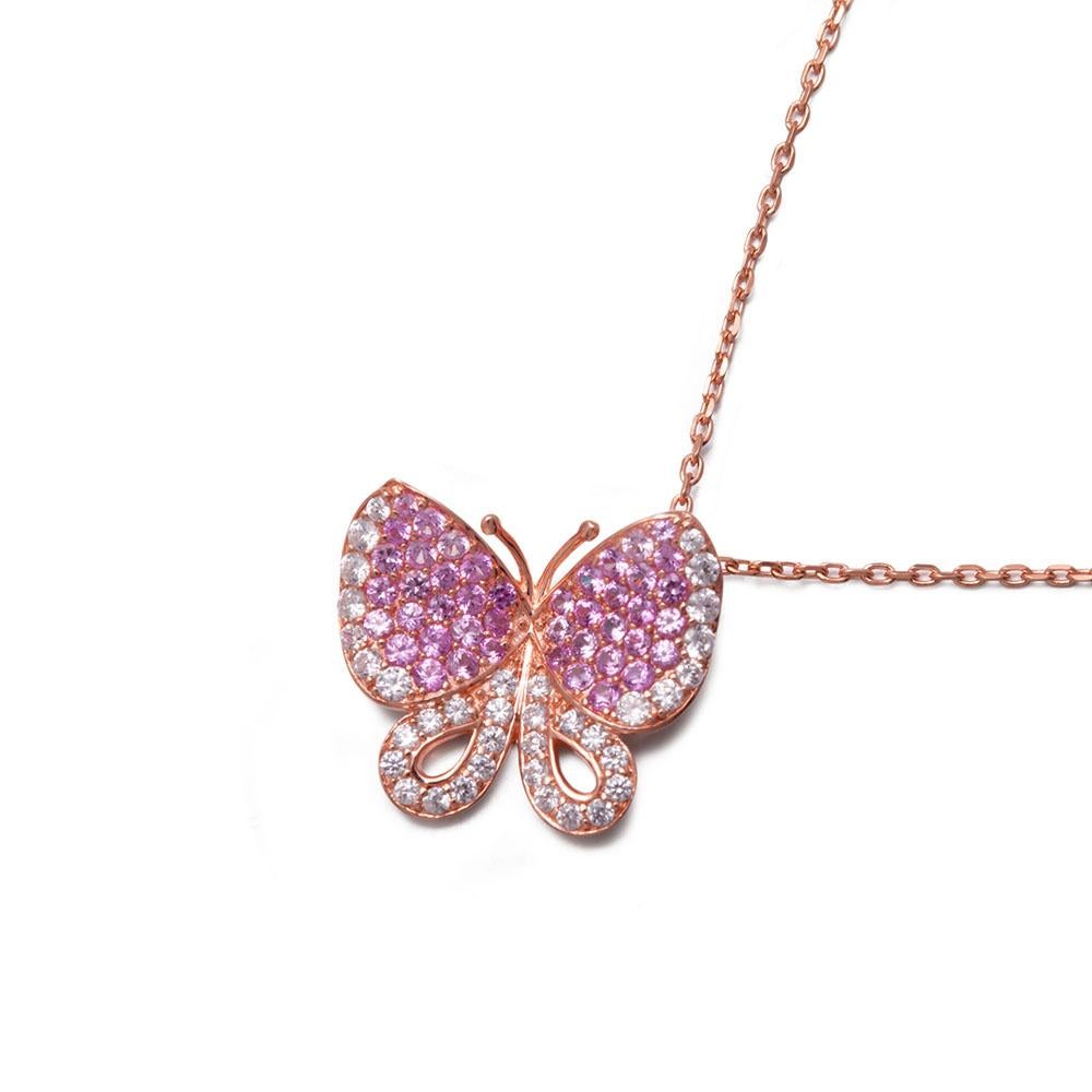 Contemporary Fei Liu Pink and White CZ Rose Gold Plated 925 Silver Butterfly Pendant Necklace For Sale