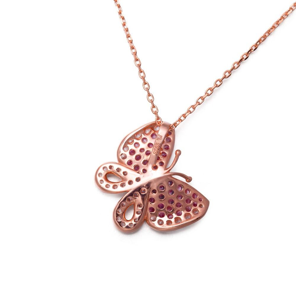 Brilliant Cut Fei Liu Pink and White CZ Rose Gold Plated 925 Silver Butterfly Pendant Necklace For Sale