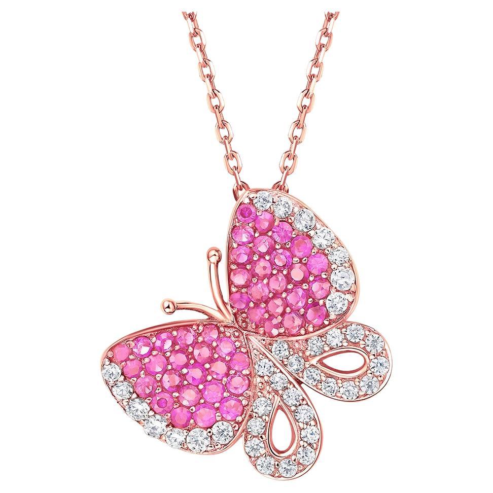 Fei Liu Pink and White CZ Rose Gold Plated 925 Silver Butterfly Pendant Necklace For Sale