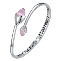 Fei Liu Pink Cat's Eyes Stone Cubic Zirconia Sterling Silver Bangle Bracelet