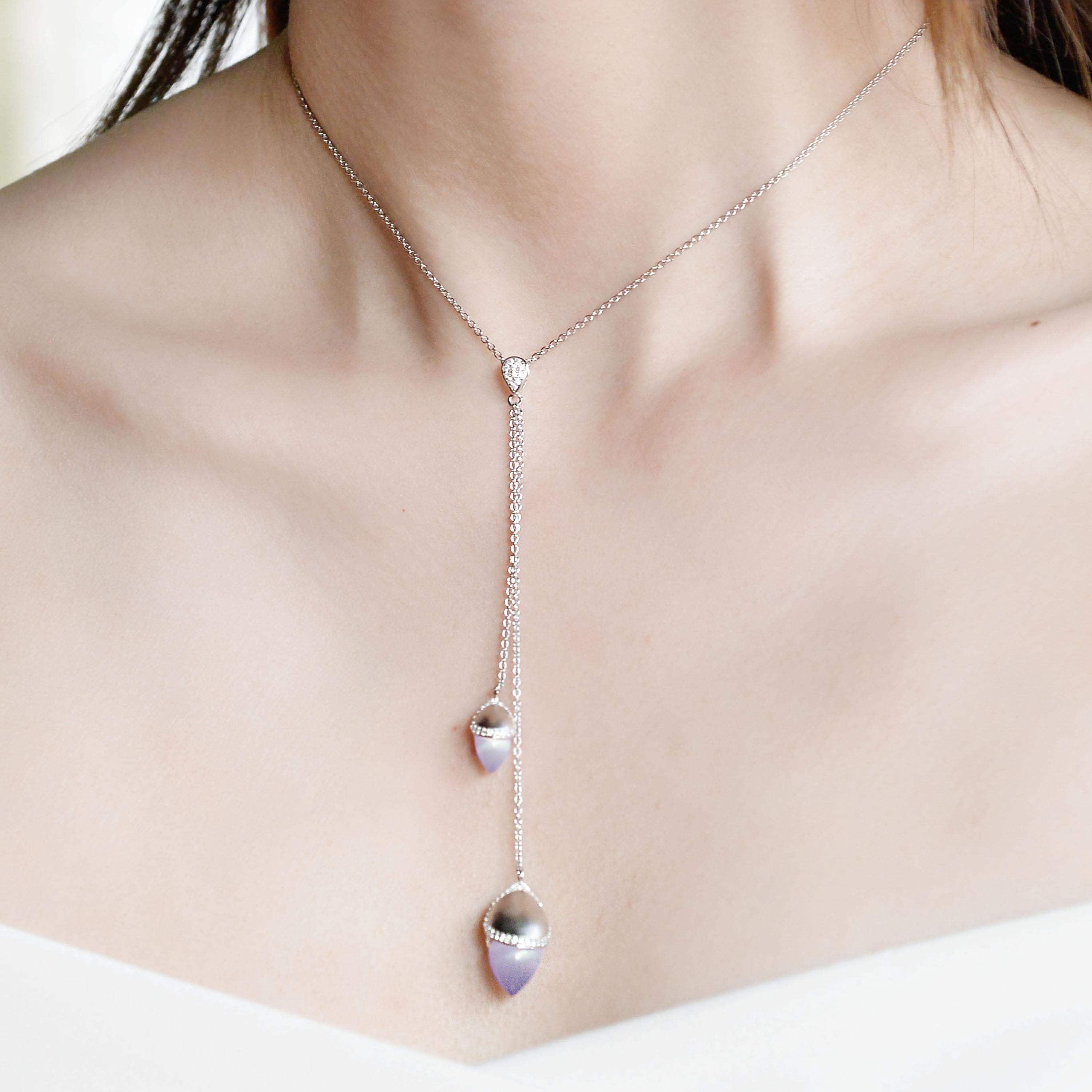 Contemporary Fei Liu Pink Cat's Eyes Stone Cubic Zirconia Sterling Silver Lariat Necklace