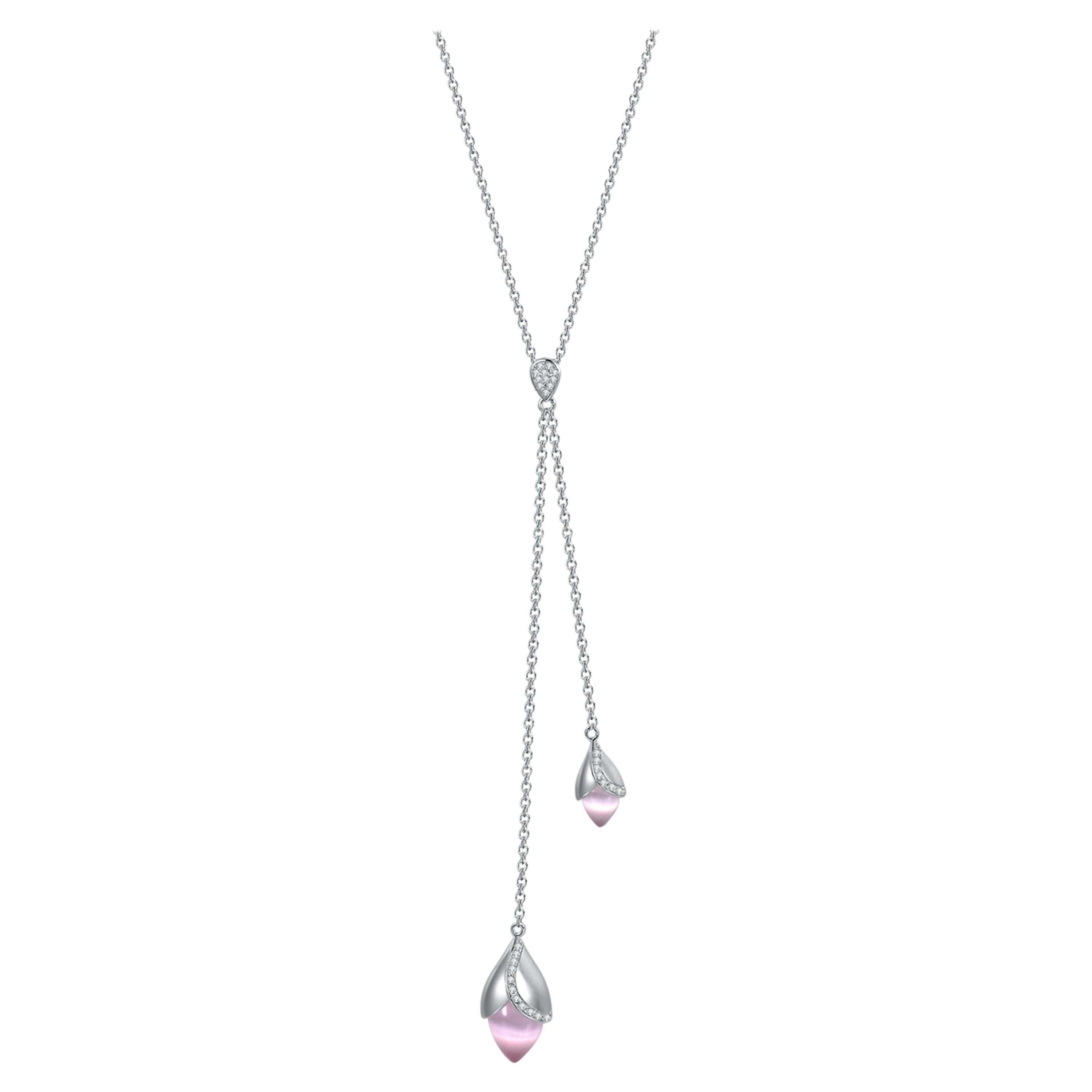Fei Liu Pink Cat's Eyes Stone Cubic Zirconia Sterling Silver Lariat Necklace