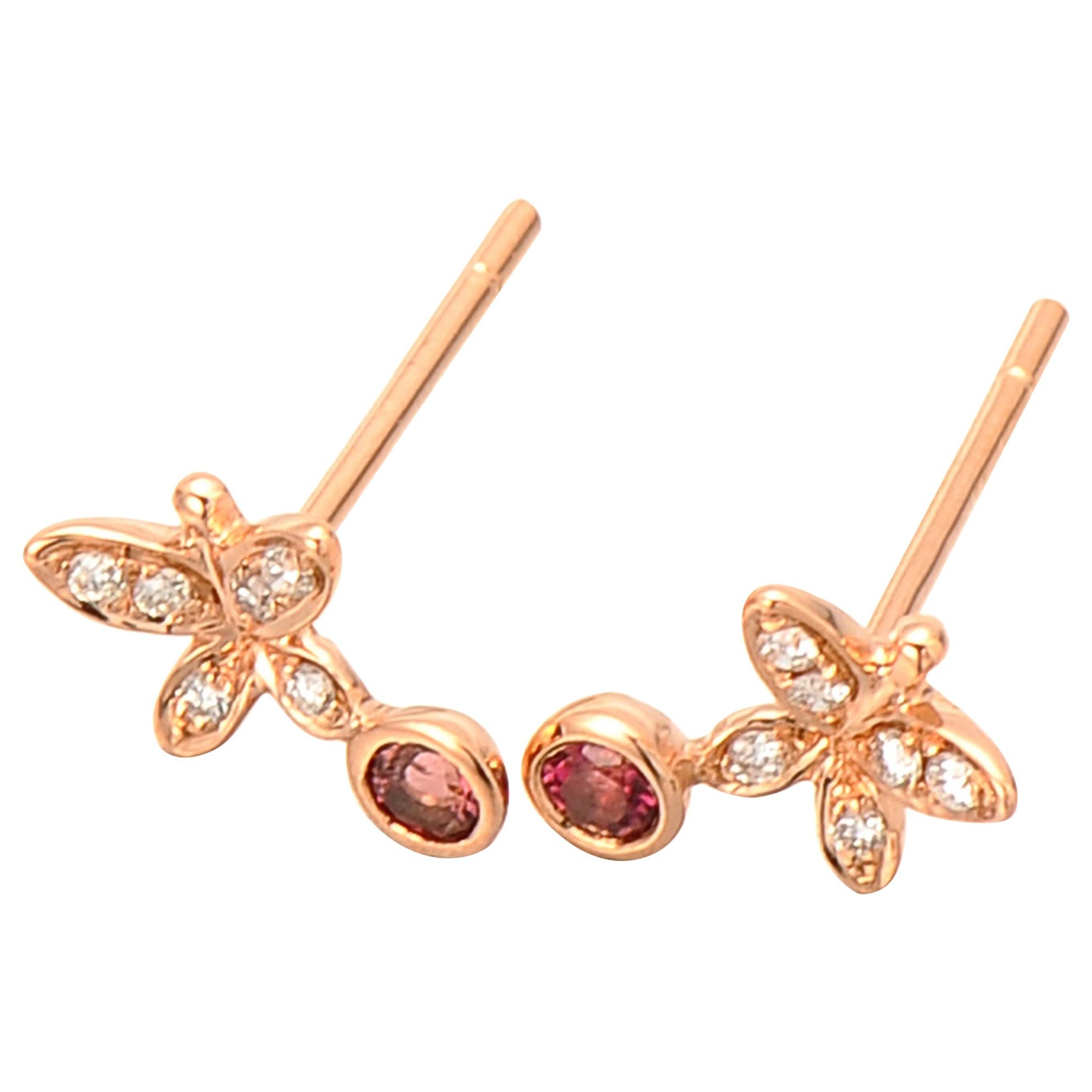Fei Liu Pink Tourmaline Diamond 18 Karat Yellow Gold Buddleia Butterfly Earrings