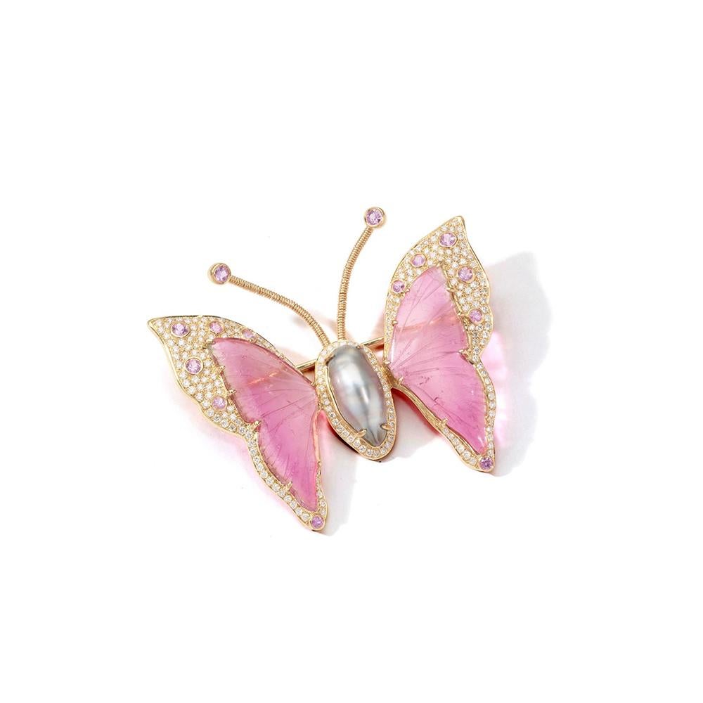 Butterfly captures the feminine essence and the carefree, joyful movement of these intricate and delicate creatures in sparkling weightless jewels. A pretty-in-pink butterfly brooch with a playful springy pair of antenna. Just like a butterfly, this
