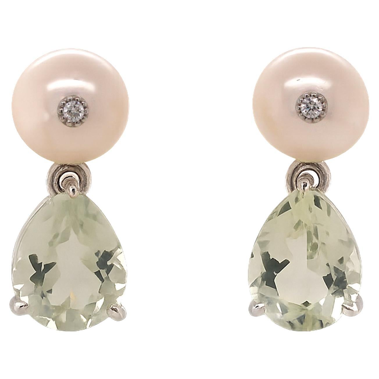 Fei Liu Platinum Green Amethyst, Pearl and Diamond Drop Earrings