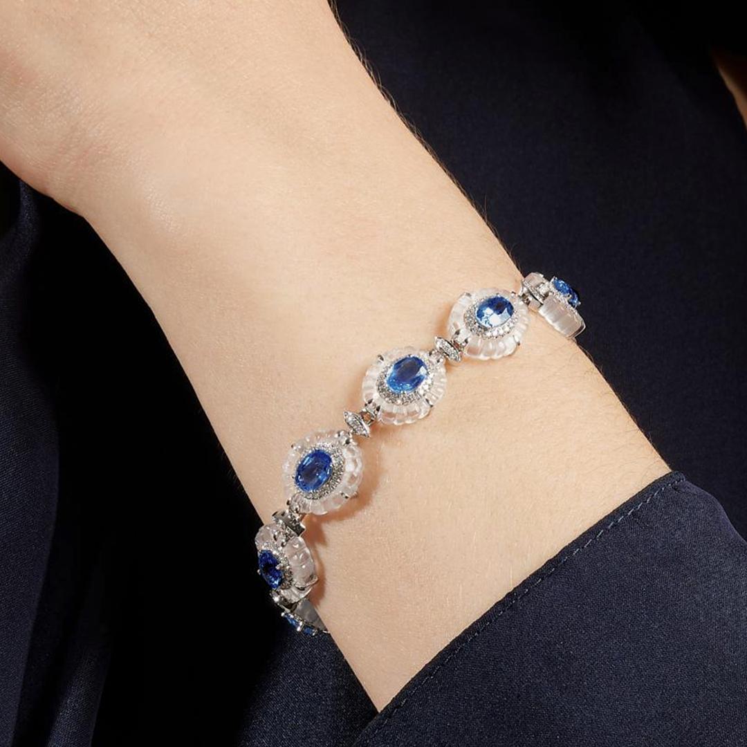 Oval Cut Fei Liu Platinum Sapphire, Rock Crystal and Diamond Bracelet - 7 Inches For Sale