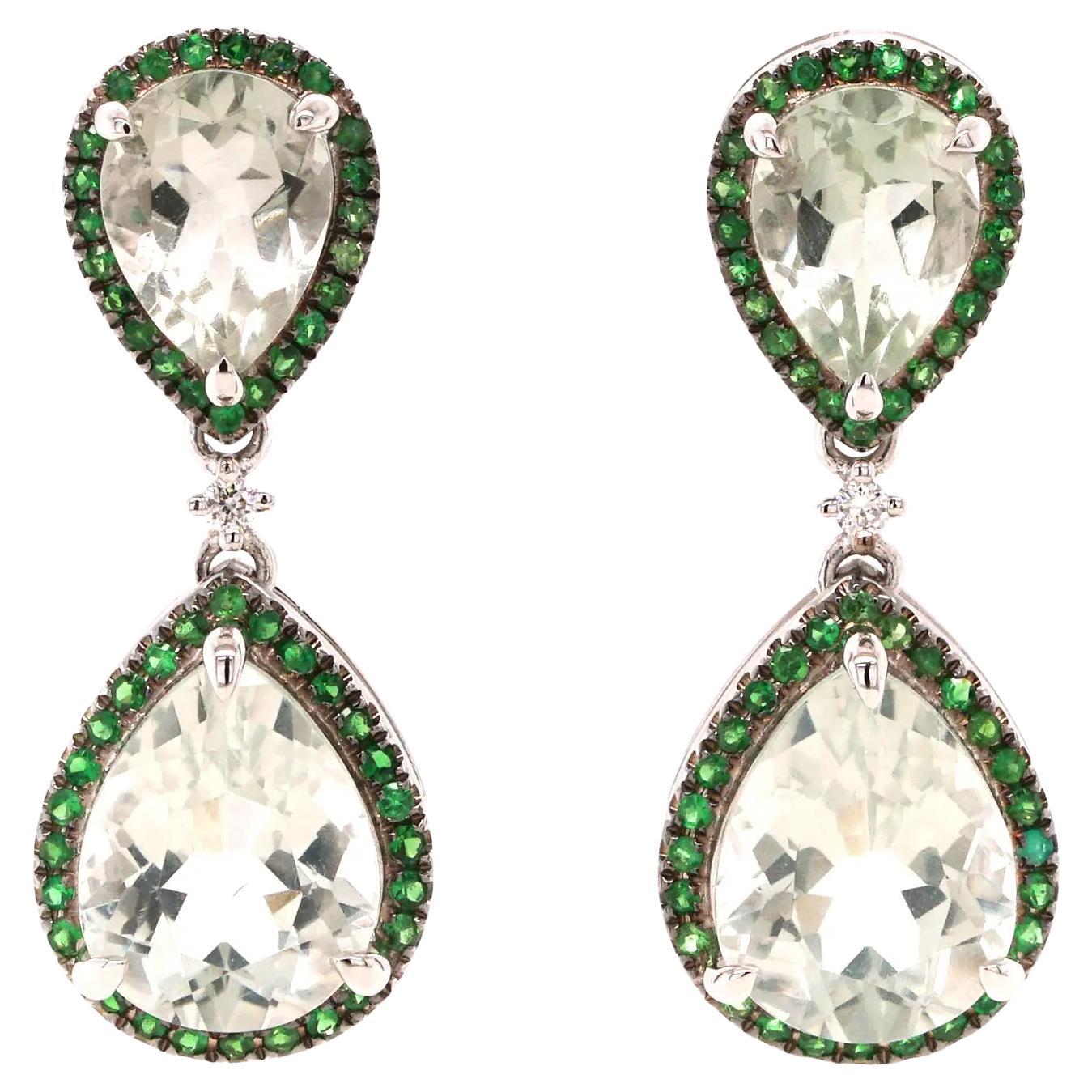 Orecchini a goccia in oro giallo 14 carati con prasiolite e granati demantoidi di Fei Liu