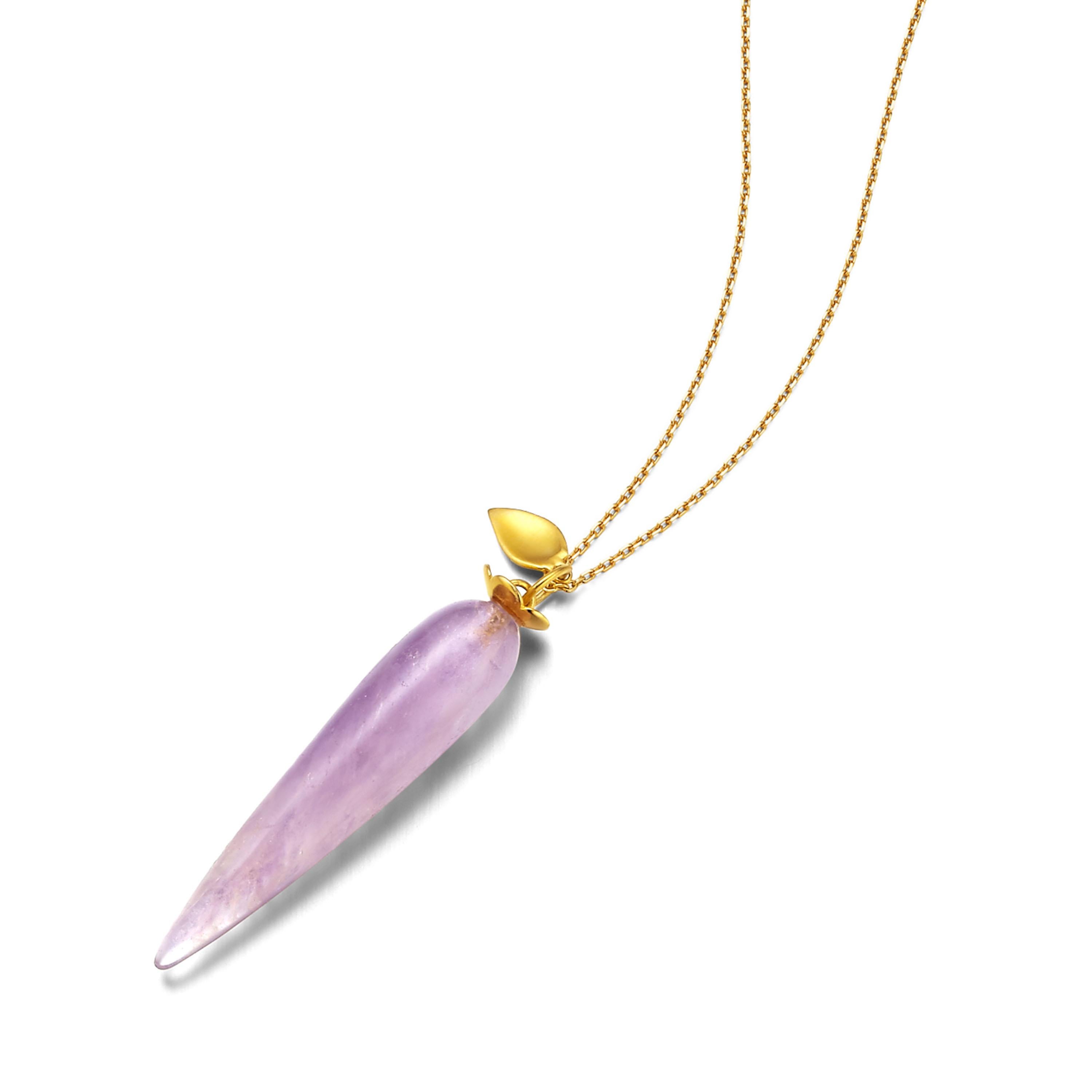 An elegant earrings and necklace set featuring teardrop purple amethyst, adorned with delicate petals of 18ct gold plate on sterling silver.

- Size (LxW): earrings = 51mm x 9mm, pendant = 45mm x 9mm
- Weight: per earring = 5.2gm, pendant = 5.7gm
-