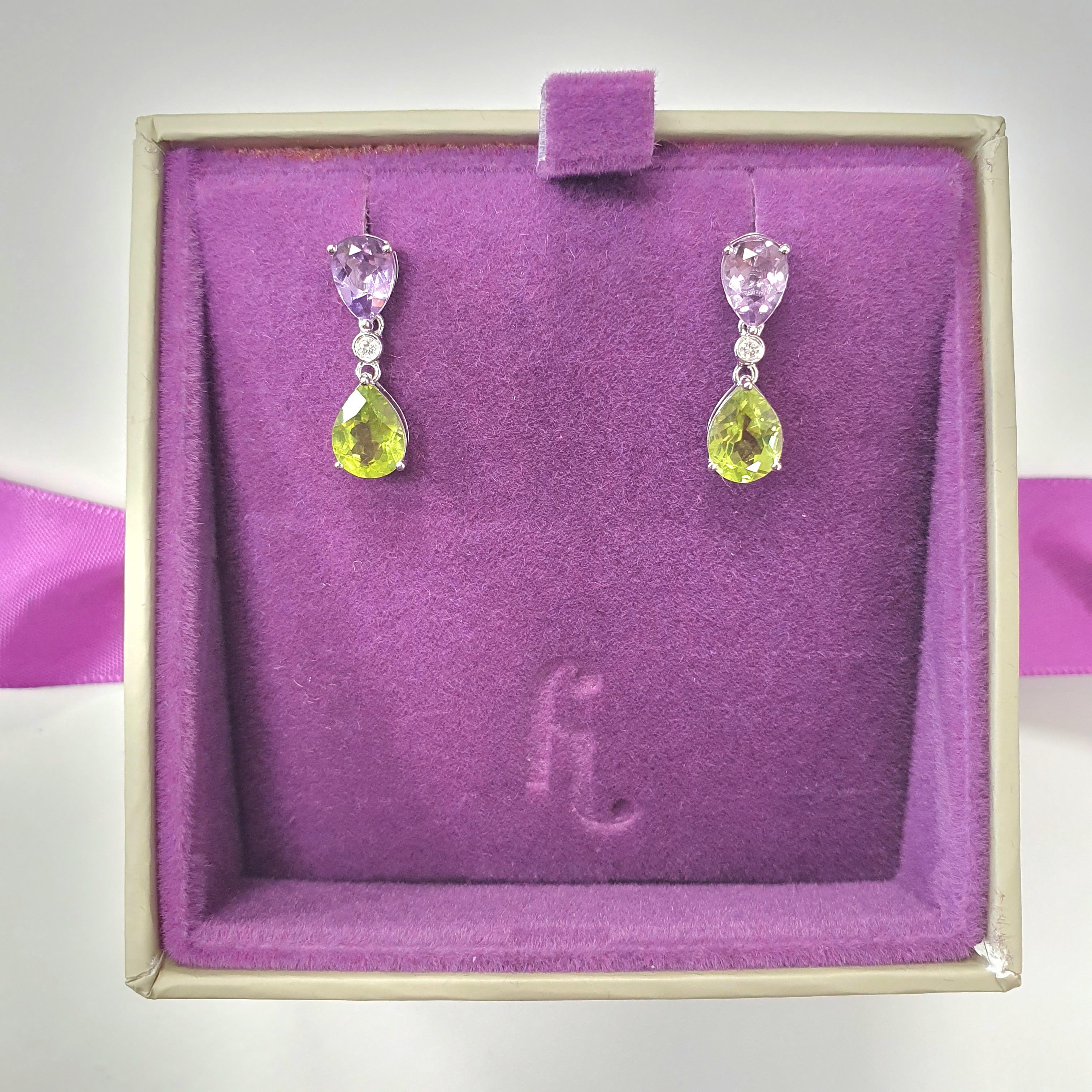 Pear Cut Fei Liu Purple Amethyst and Peridot Pear 18 Karat White Gold Drop Earrings For Sale