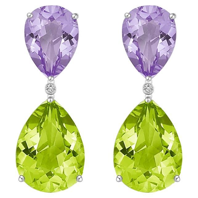 Fei Liu Purple Amethyst and Peridot Pear 18 Karat White Gold Drop Earrings For Sale