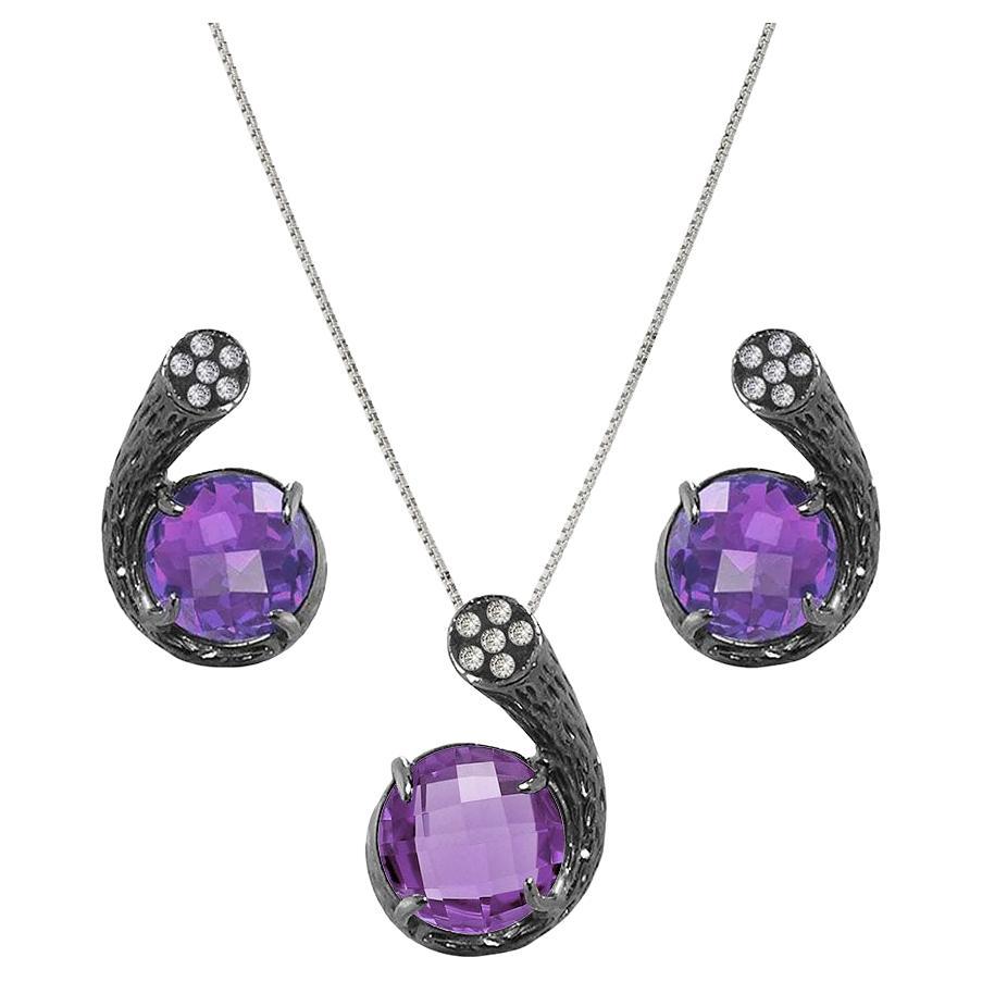 Fei Liu Purple Amethyst Diamond 18 Karat Black Gold Necklace Earrings Set