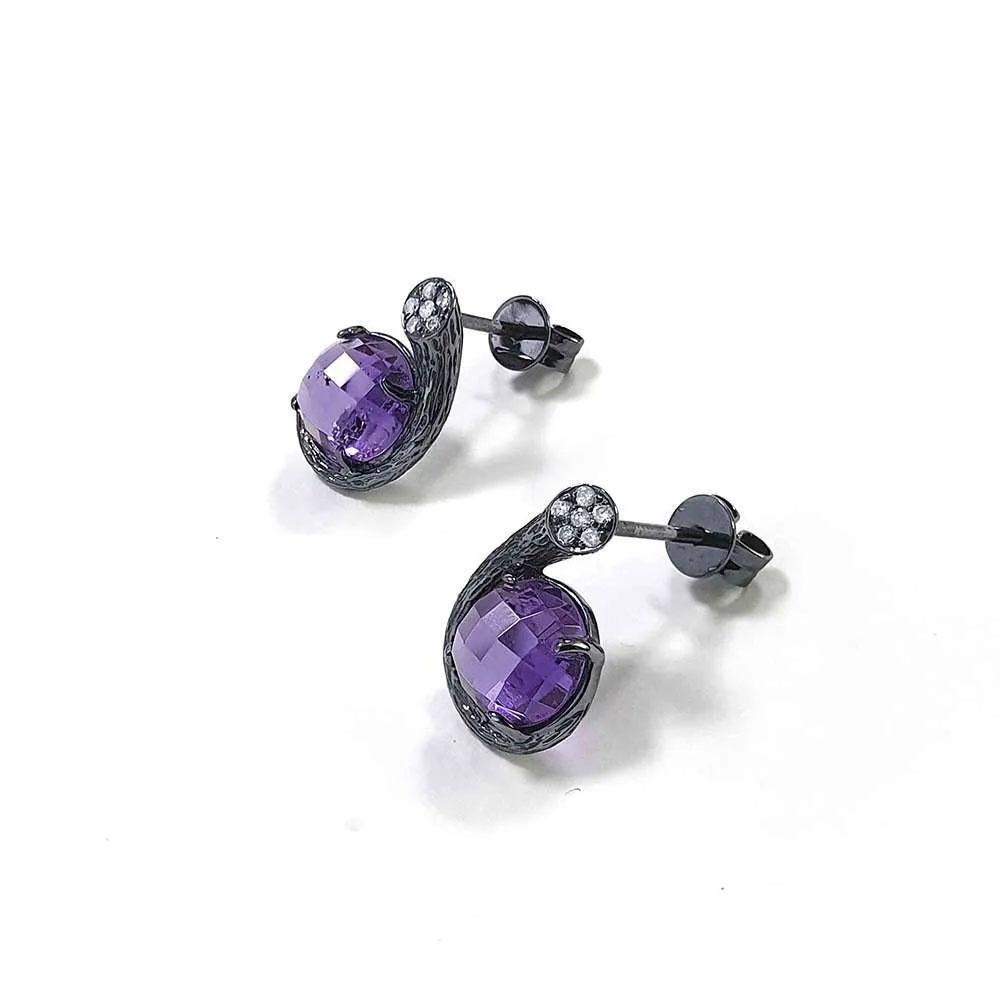 Contemporary Fei Liu Purple Amethyst Diamond 18 Karat Black Gold Stud Earrings