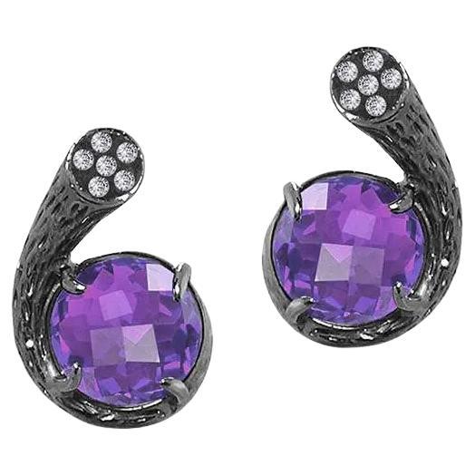 Fei Liu Purple Amethyst Diamond 18 Karat Black Gold Stud Earrings