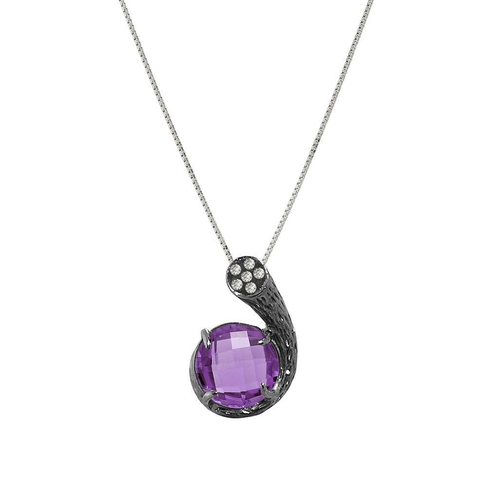 Contemporary Fei Liu Purple Amethyst Diamond 18 Karat Black Gold Stud Pendant Necklace