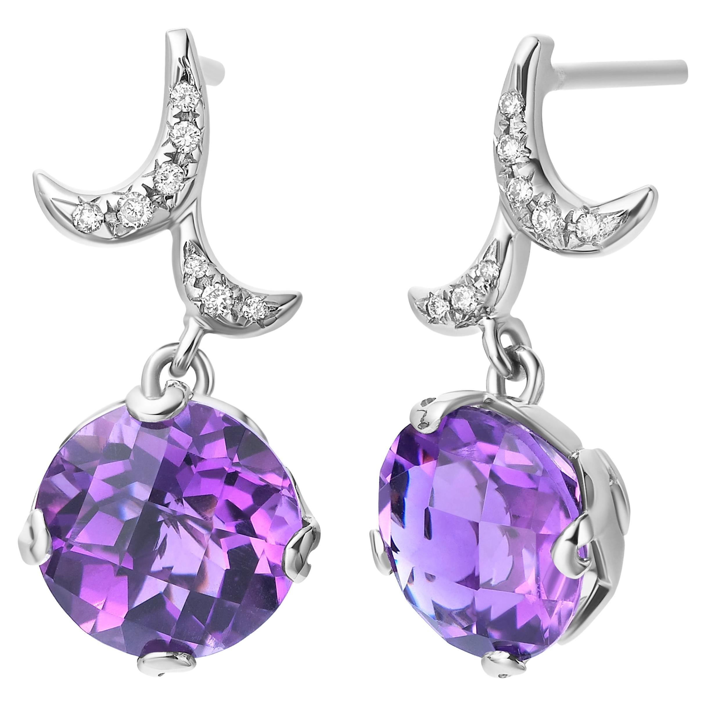 Fei Liu Purple Amethyst Diamond 18 Karat White Gold Drop Earrings