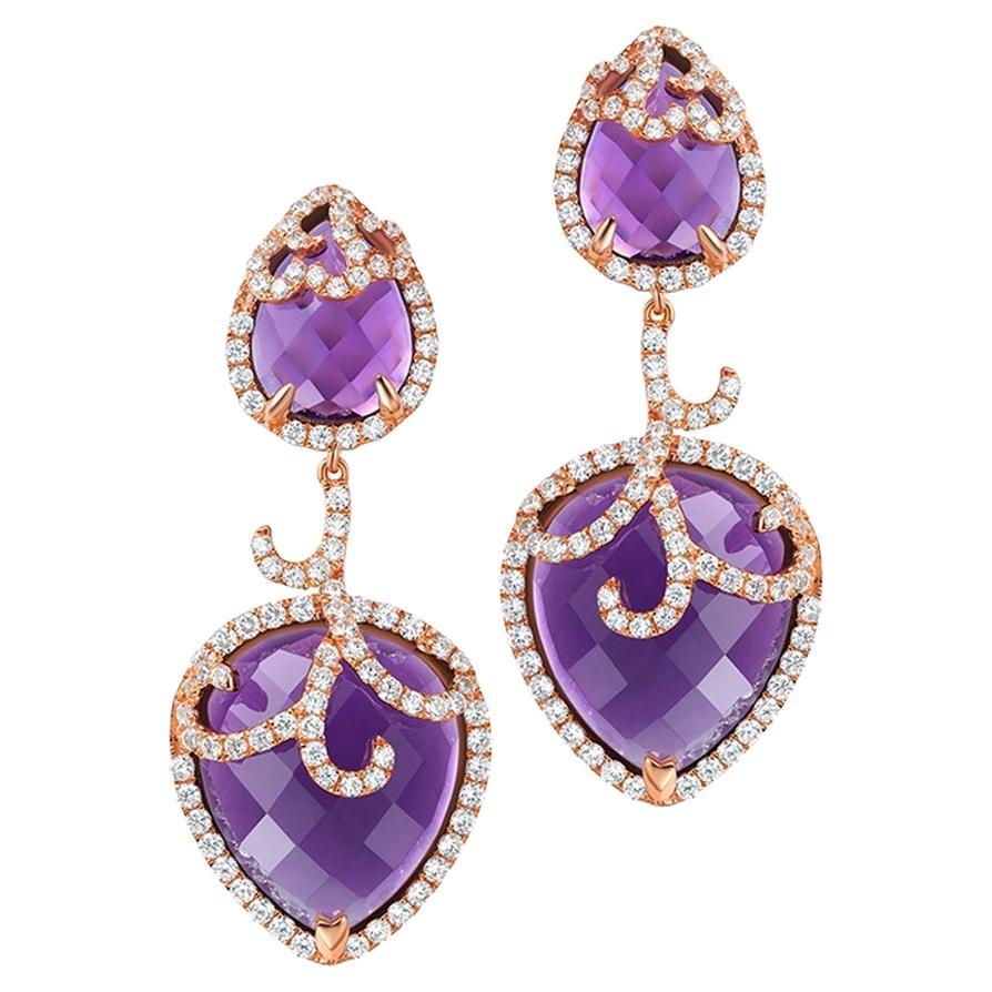 Fei Liu Purple Amethyst Gem-Set Rose Gold Plated 925 Silver Drop Earrings For Sale