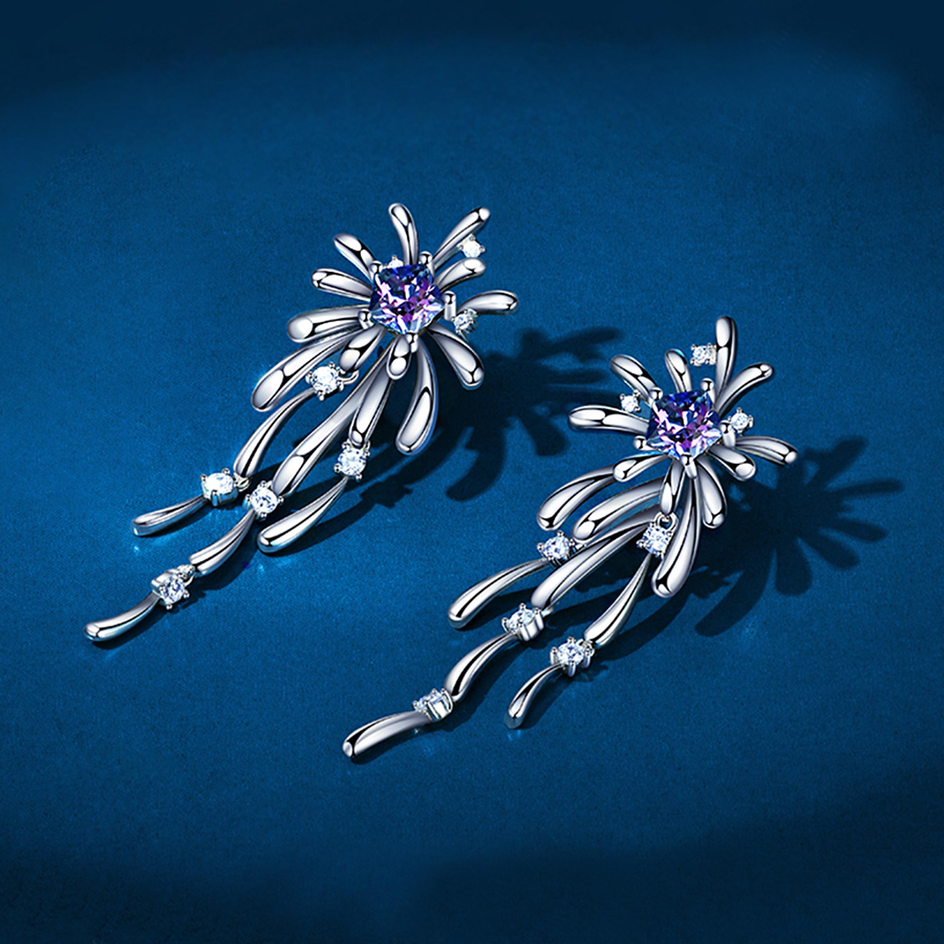 Brilliant Cut Fei Liu Purple-Aqua Swarovski Zirconia Sterling Silver Crossette Drop Earrings